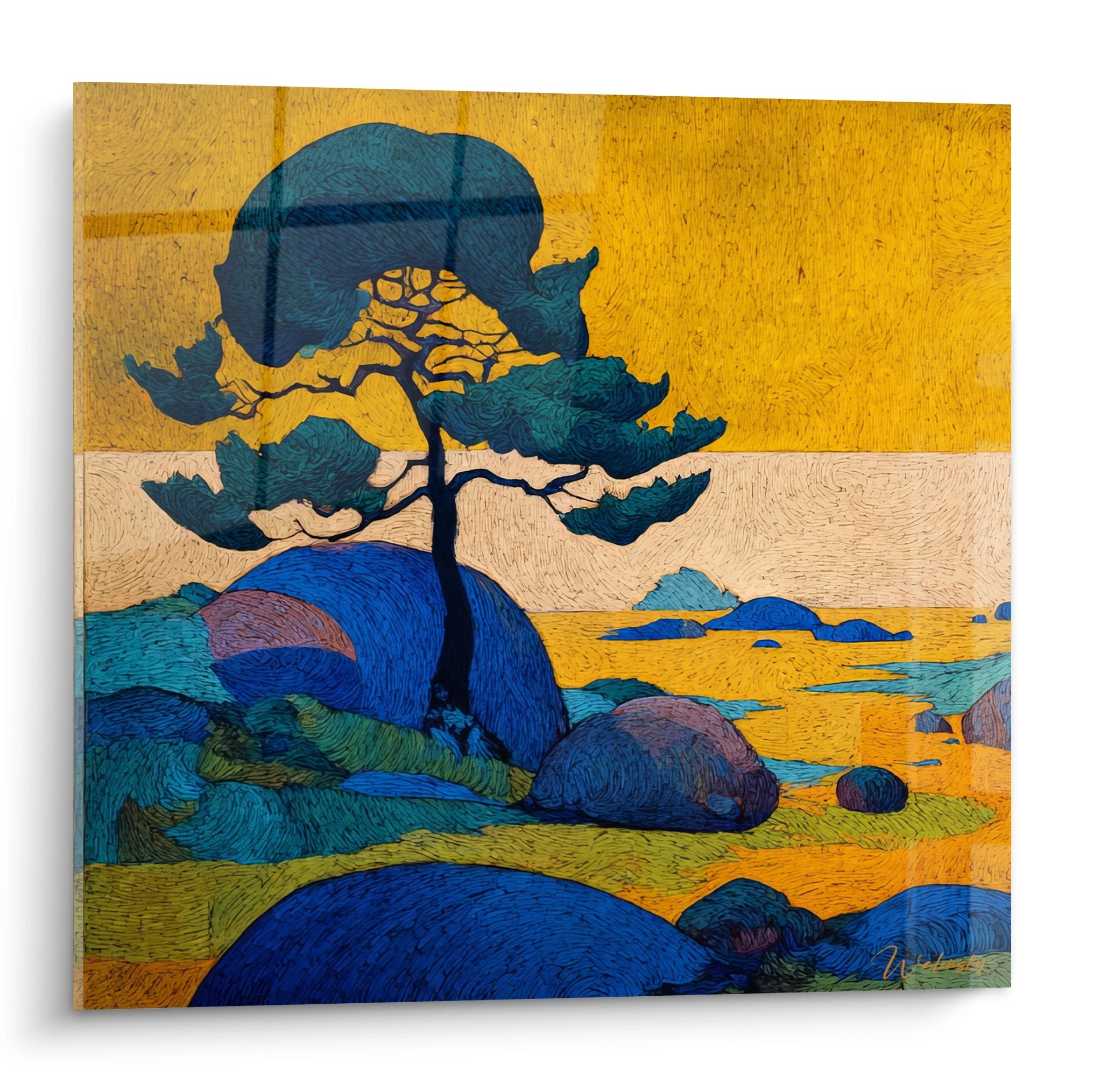Tableau mural arbre stylisé coucher soleil tons dorés bleus rochers paysage méditerranéen art décoratif moderne