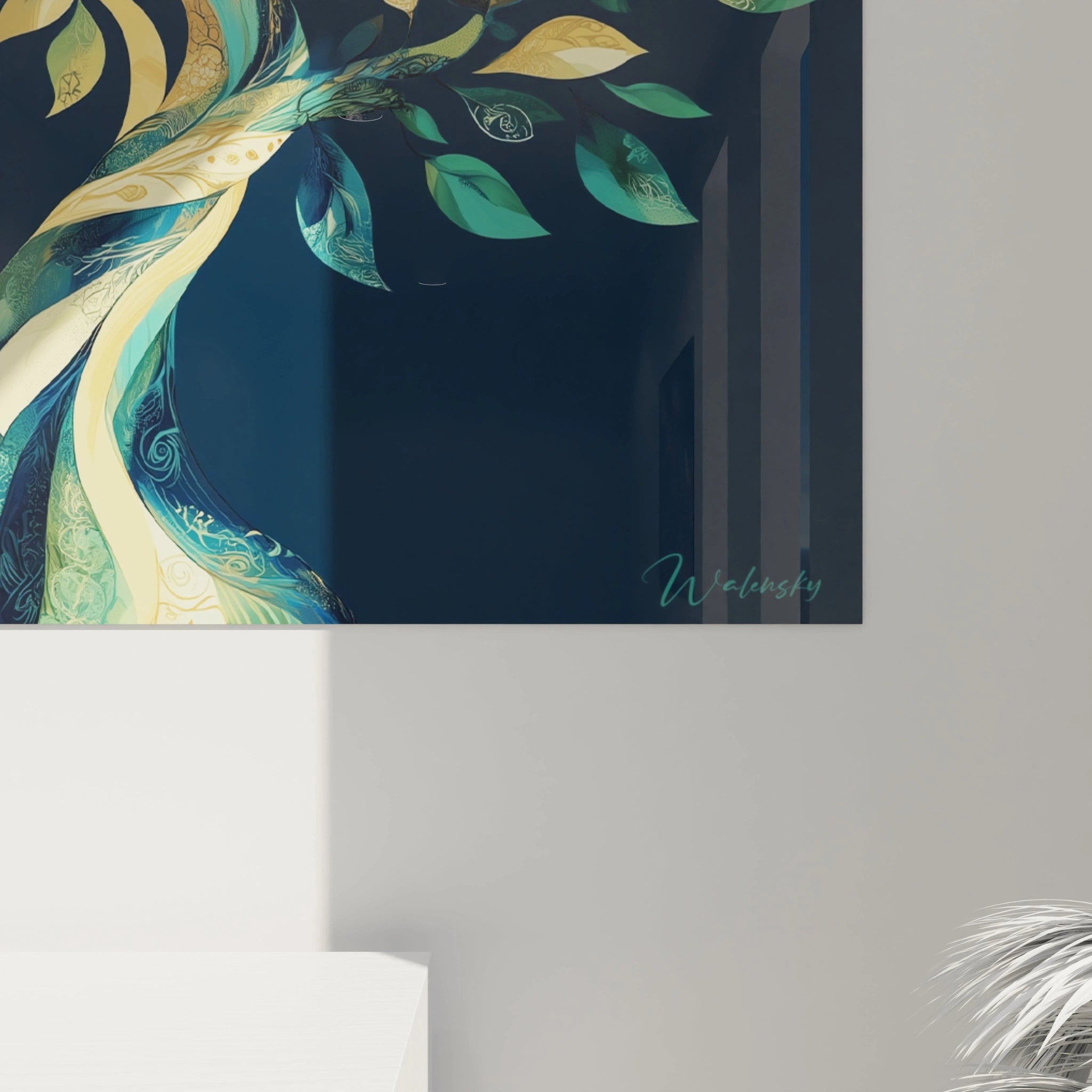 Tableau zen mural Walensky avec illustration d'arbre abstrait aux feuilles vertes et dorées