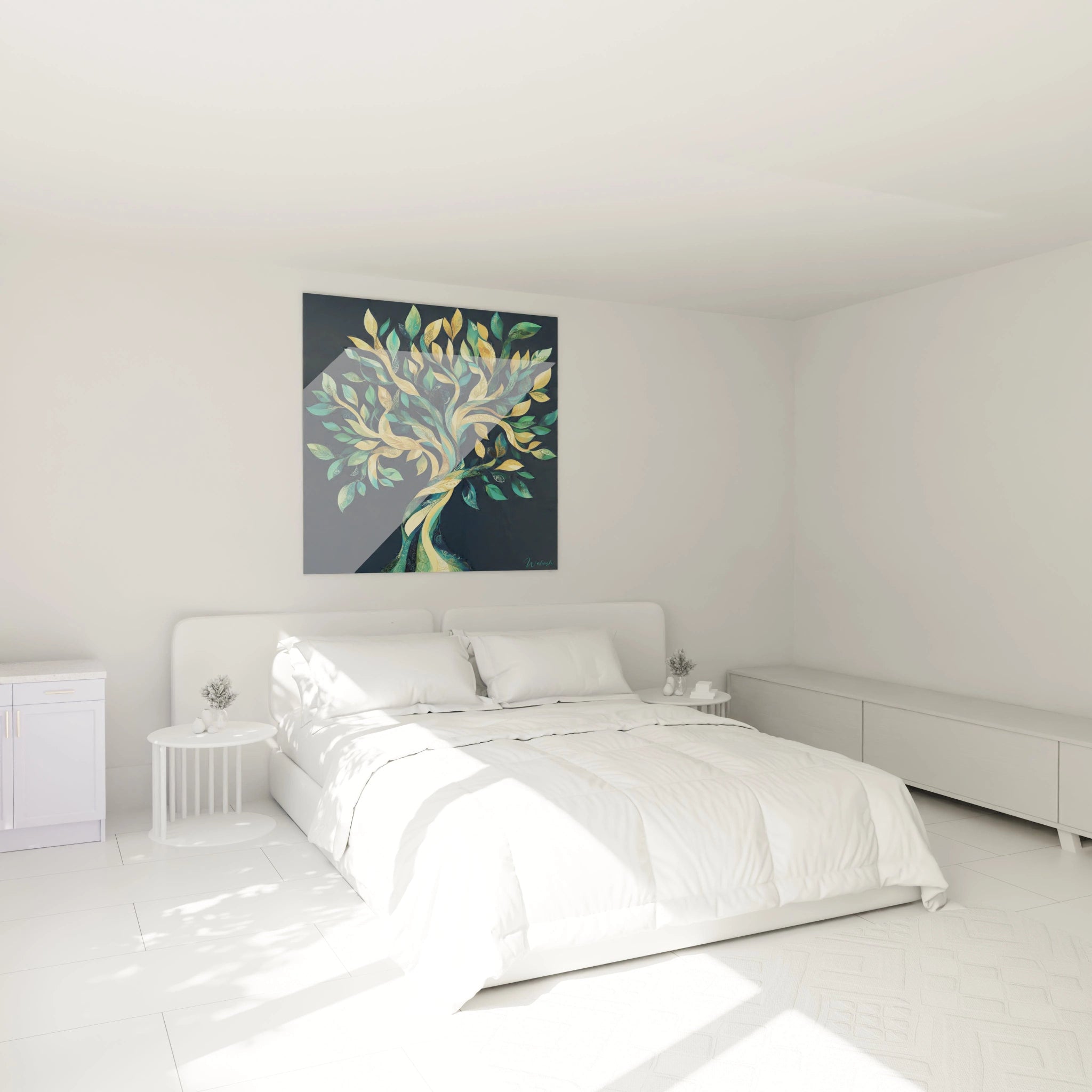 Tableau zen mural Walensky représentant un arbre stylisé aux feuilles multicolores dans une chambre lumineuse