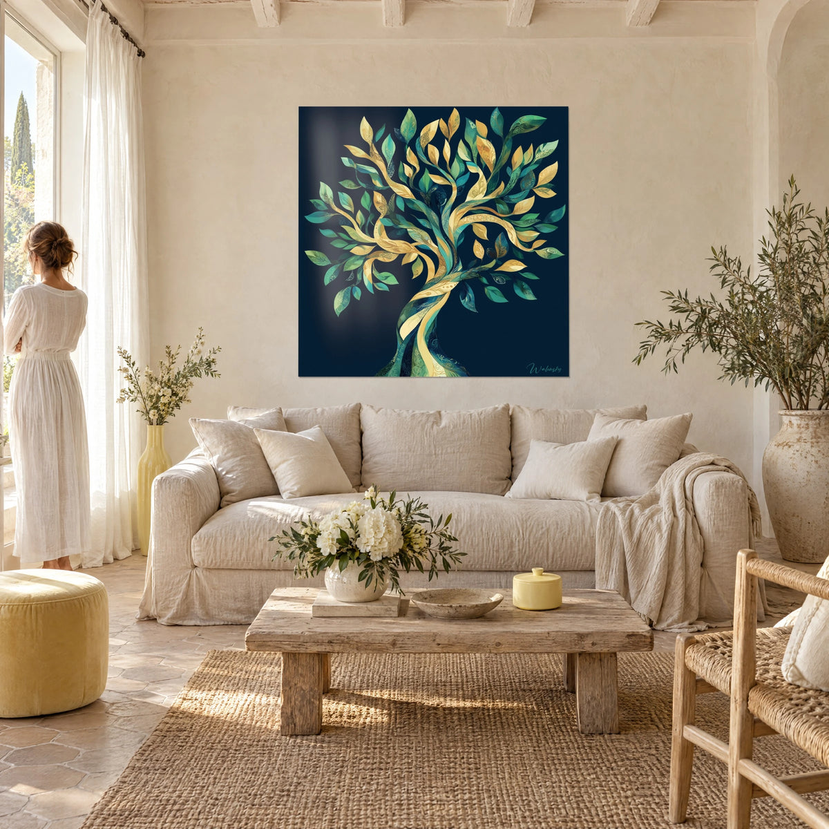 Cuadro árbol de la vida con hojas doradas y turquesas sobre fondo azul noche, mujer con vestido blanco, encima de un sofá en un salón luminoso
