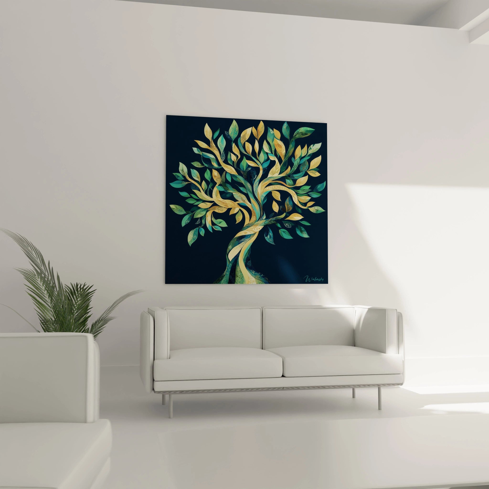 Tableau zen mural Walensky arbre stylisé aux feuilles vertes et dorées dans un salon moderne blanc