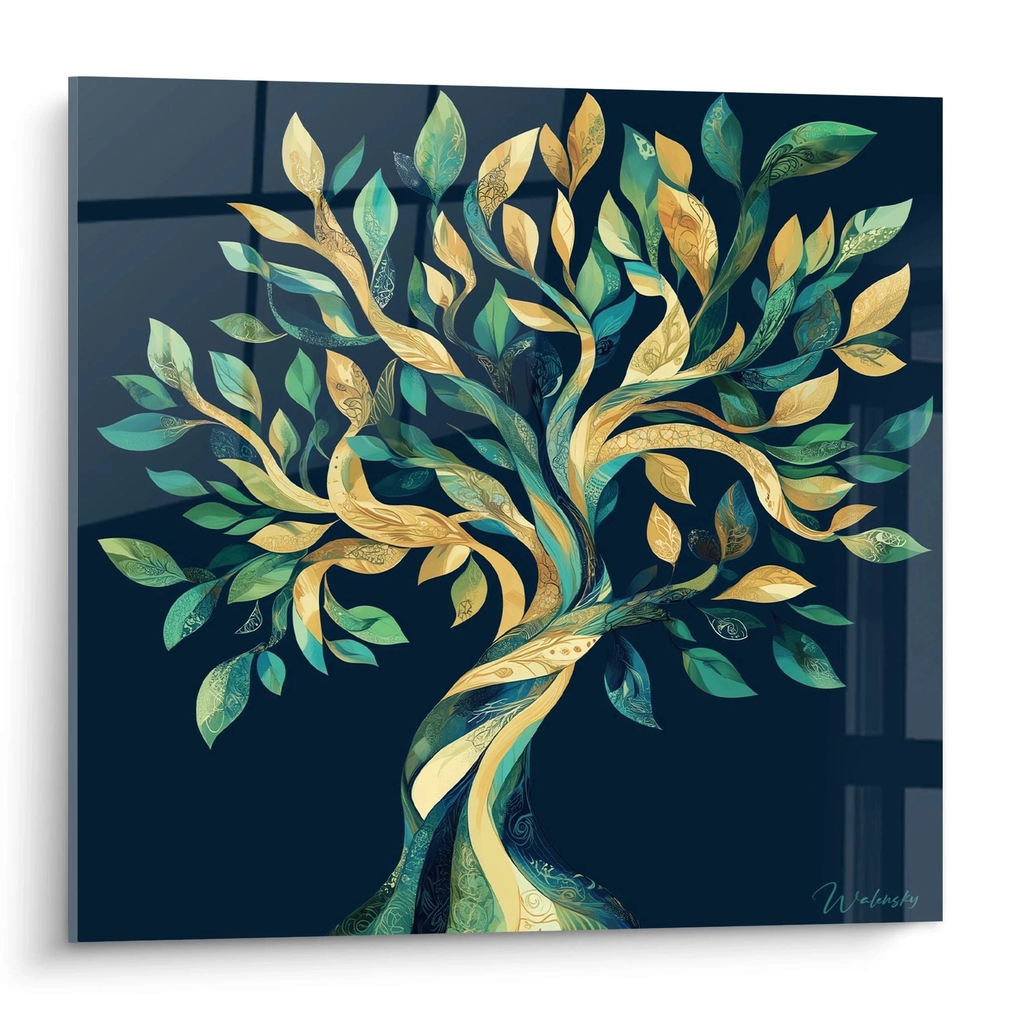 Tableau zen mural Walensky arbre stylisé avec feuilles dorées et vertes sur fond bleu foncé