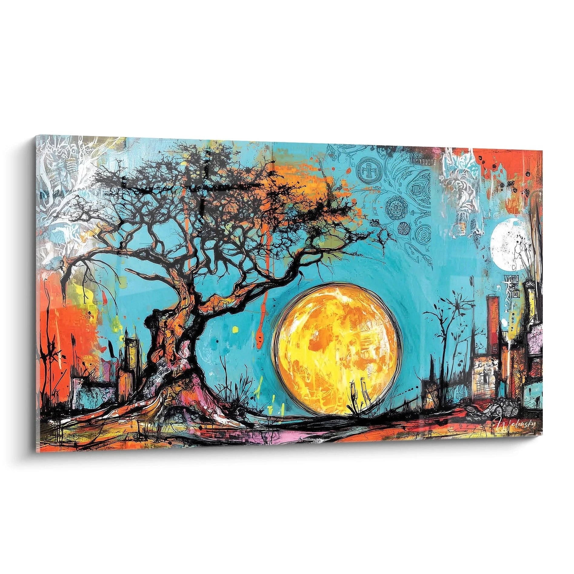 Tableau mural arbre africain coloré avec un grand soleil et un ciel vibrant
