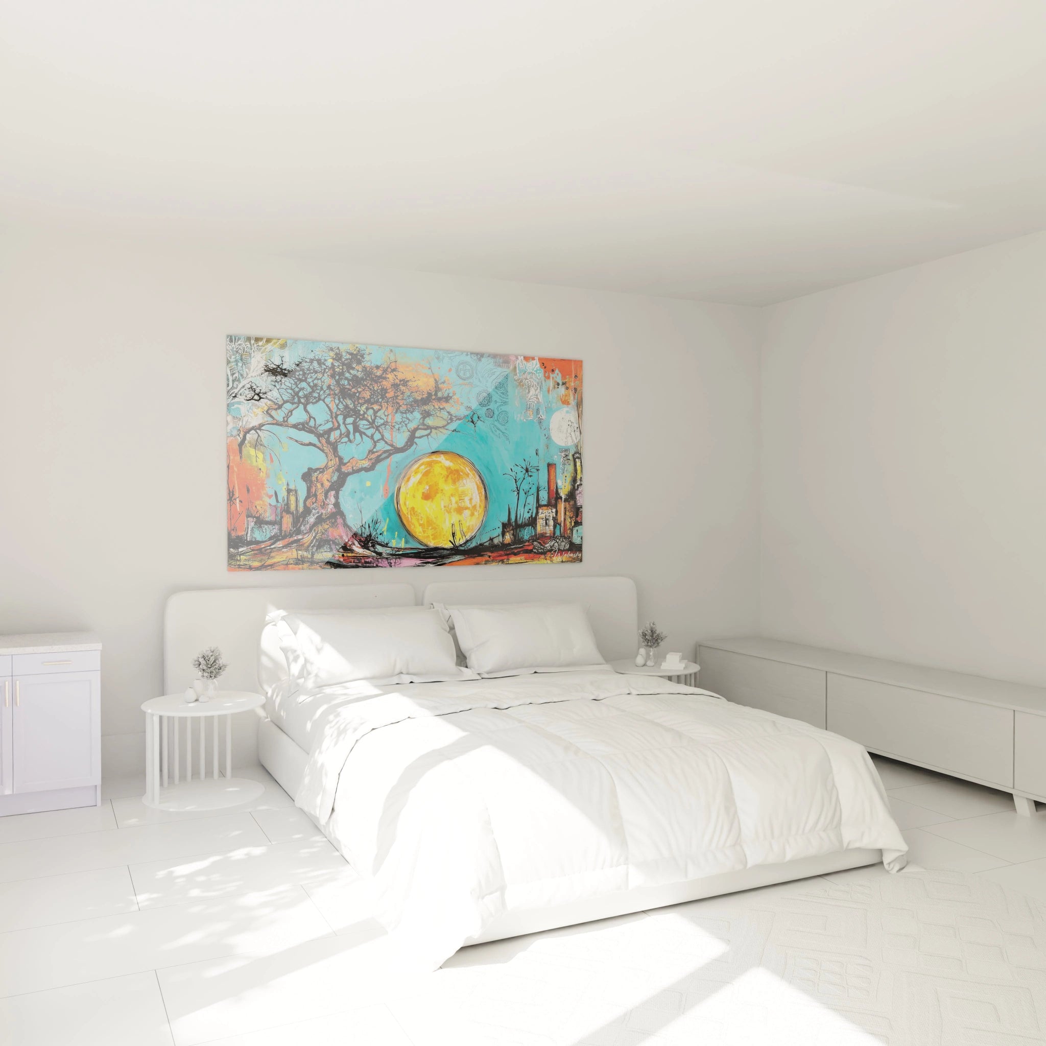 Tableau arbre africain coloré de Walensky accroché au mur dans une chambre moderne