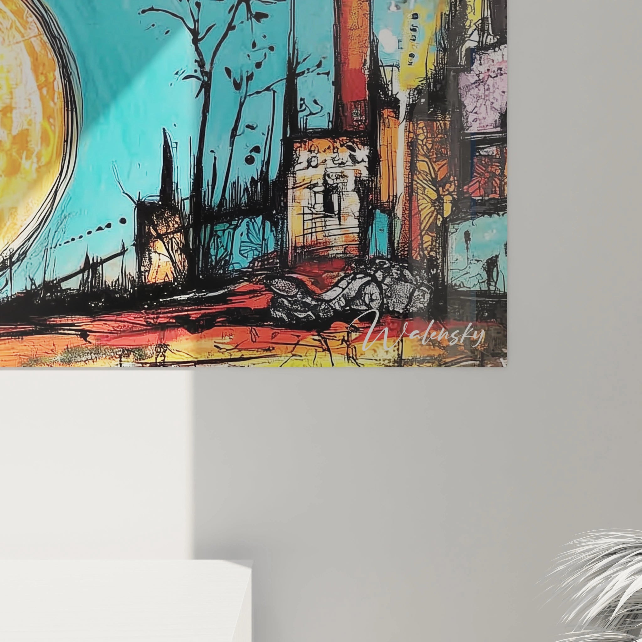 Tableau mural arbre africain avec des couleurs vives et un paysage stylisé captivant