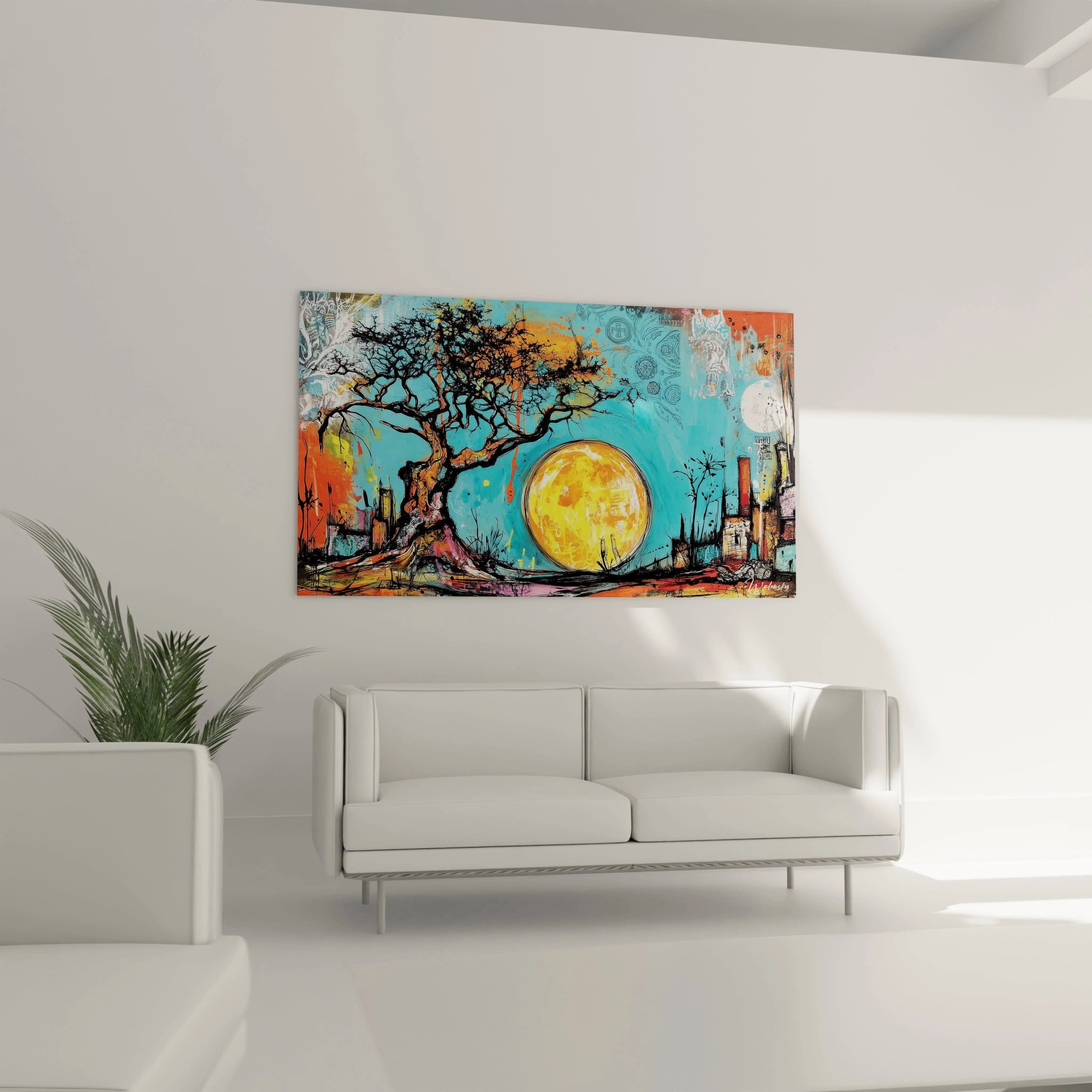 Tableau mural arbre africain avec un grand soleil, parfait pour une décoration moderne et colorée