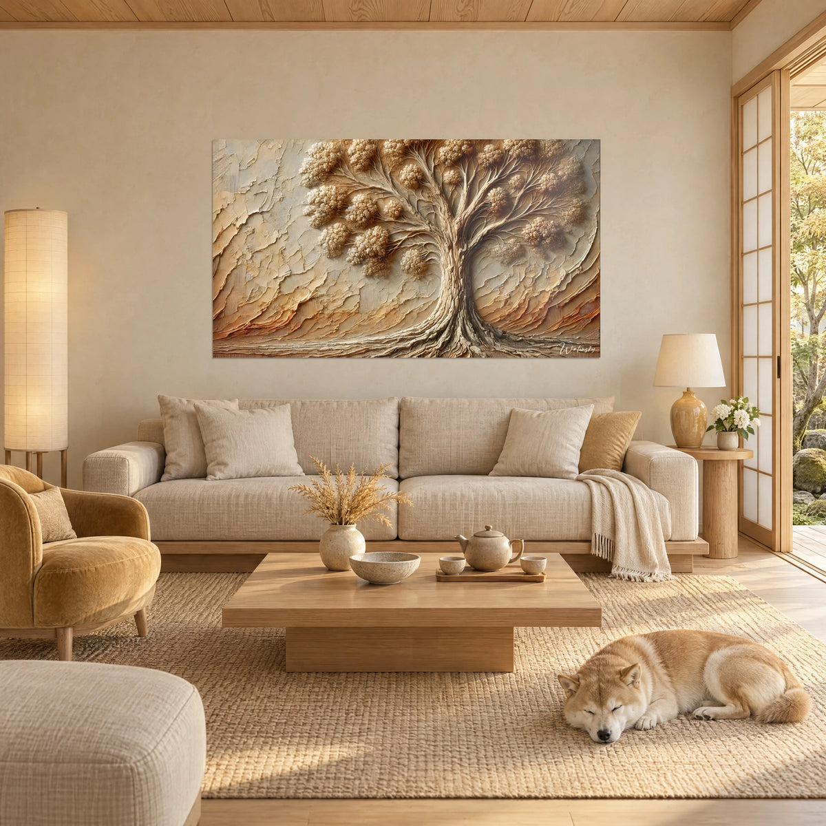 Tableau arbre aux houppiers bruns relief empâté, fond sable et ocre, Shiba endormi, au-dessus d'un canapé dans un salon lumineux