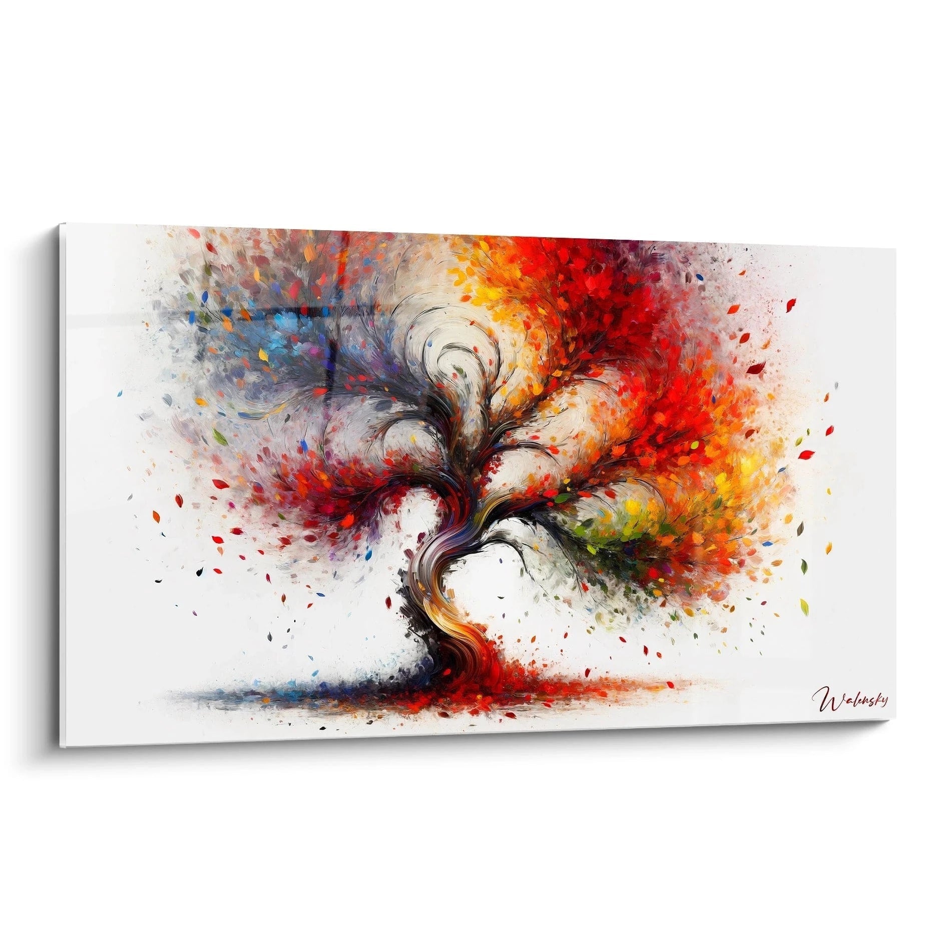 Tableau abstrait d'un arbre stylisé aux branches tourbillonnantes, éclatant en nuages de couleurs vives. Dominantes de rouge, orange et bleu sur fond blanc. Texture dynamique avec éclaboussures et traits fluides créant un effet d'explosion colorée.