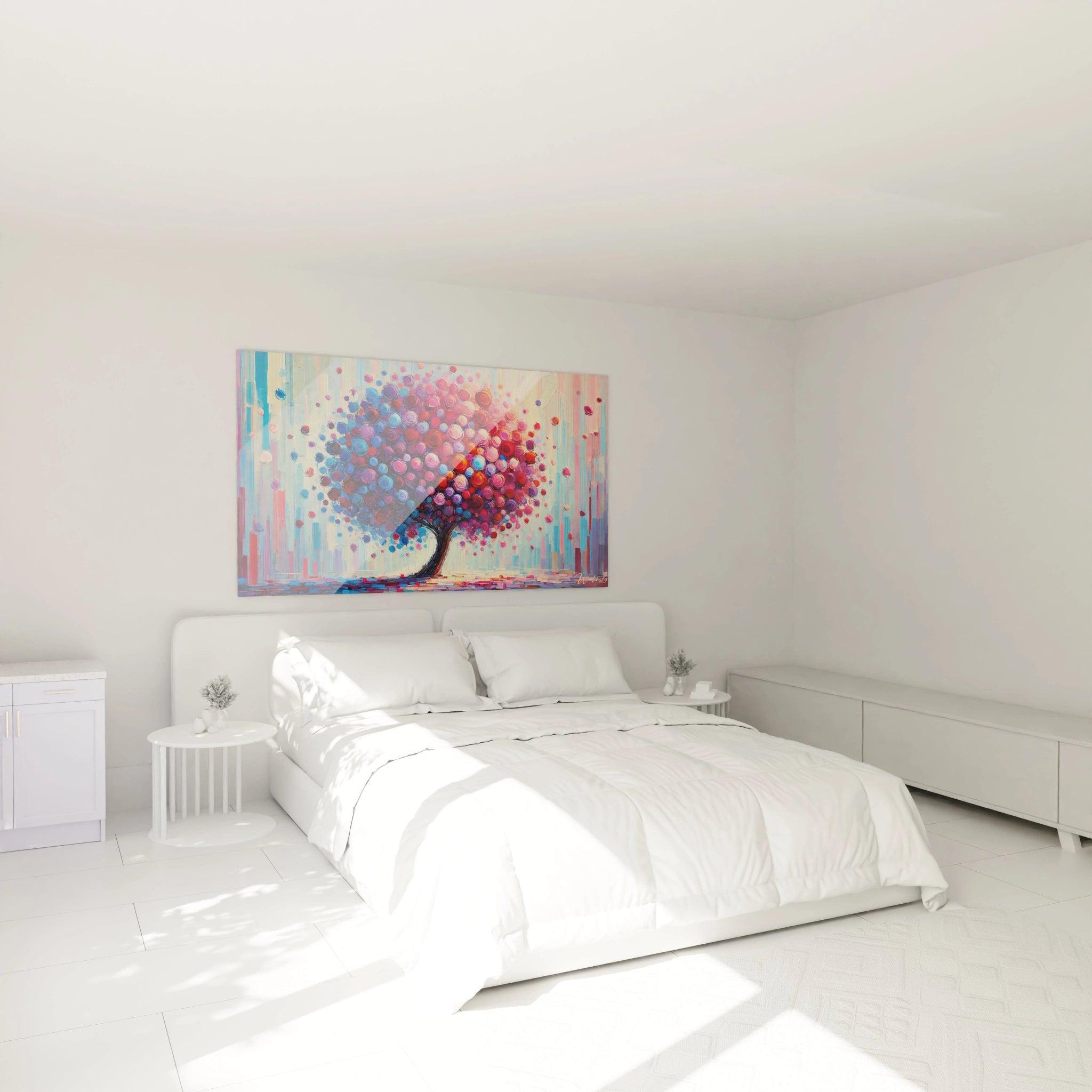 tableau Arbre suspendu au mur dans une chambre au dessus du lit Apportez une touche de nature et de serenite a votre espace grace a ce tableau arbre multicolore et energique
