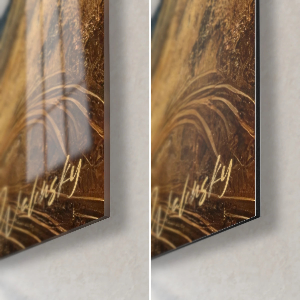 Cuadro árbol dorado con raíces ondulantes, esquina inferior derecha: cristal brillante que refleja la luz, Dibond mate, canto de 3 mm