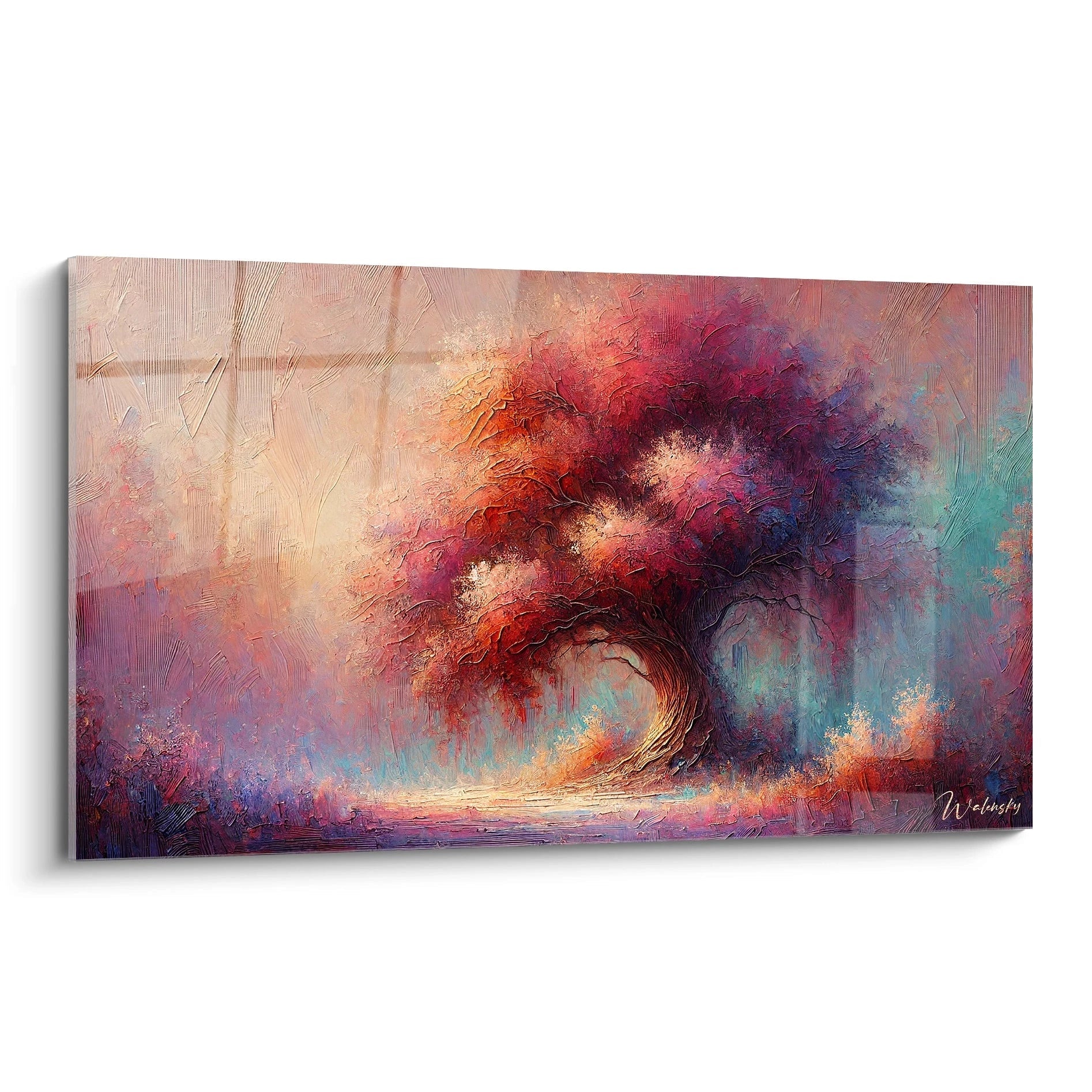 Admirez la profondeur de ce tableau arbre de vie, une œuvre abstraite captivante, vue de biais. Ses teintes chaudes et ses textures invitent à la sérénité et à la réflexion.