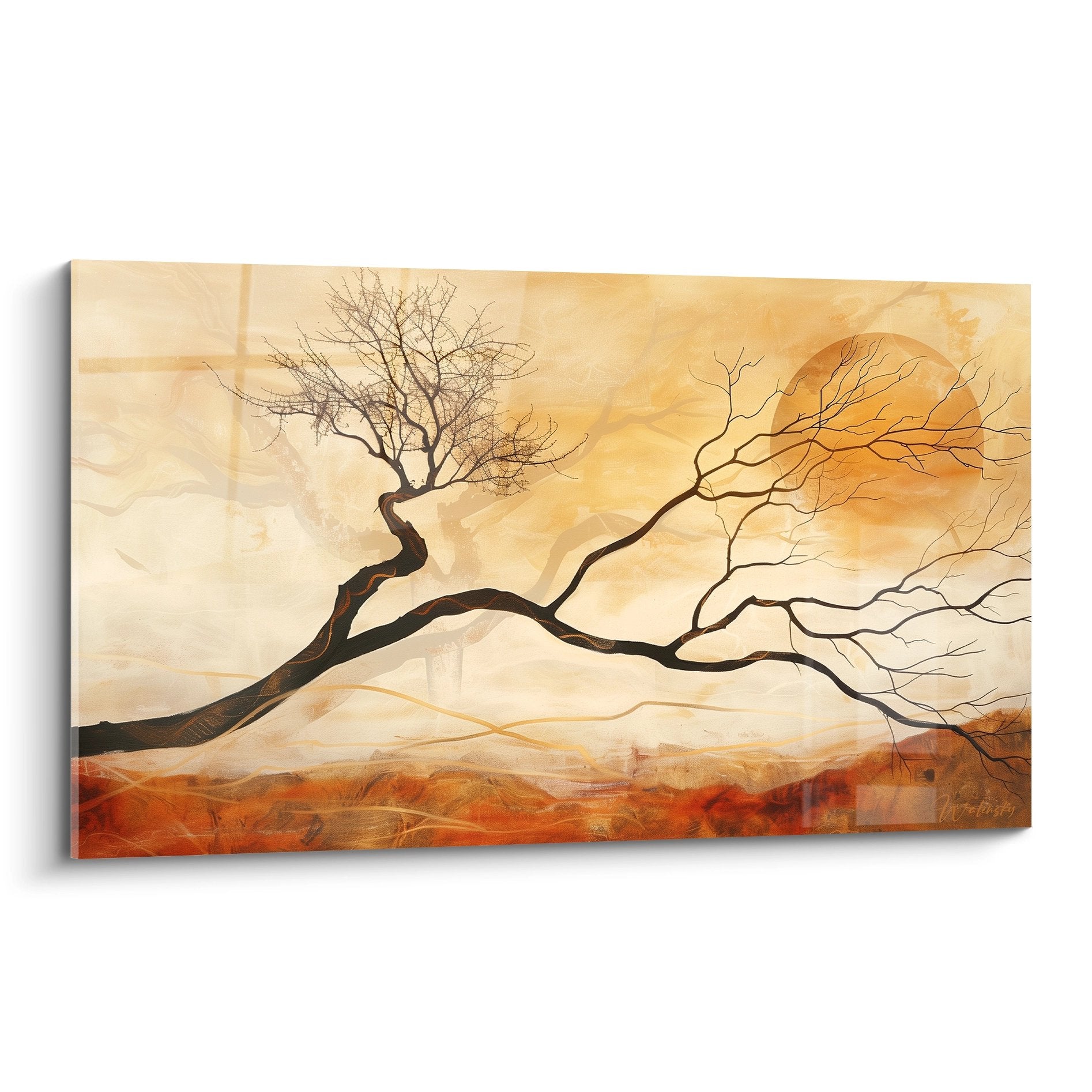 solitary tree painting bare branches desert landscape golden ochre tones contemporary african art