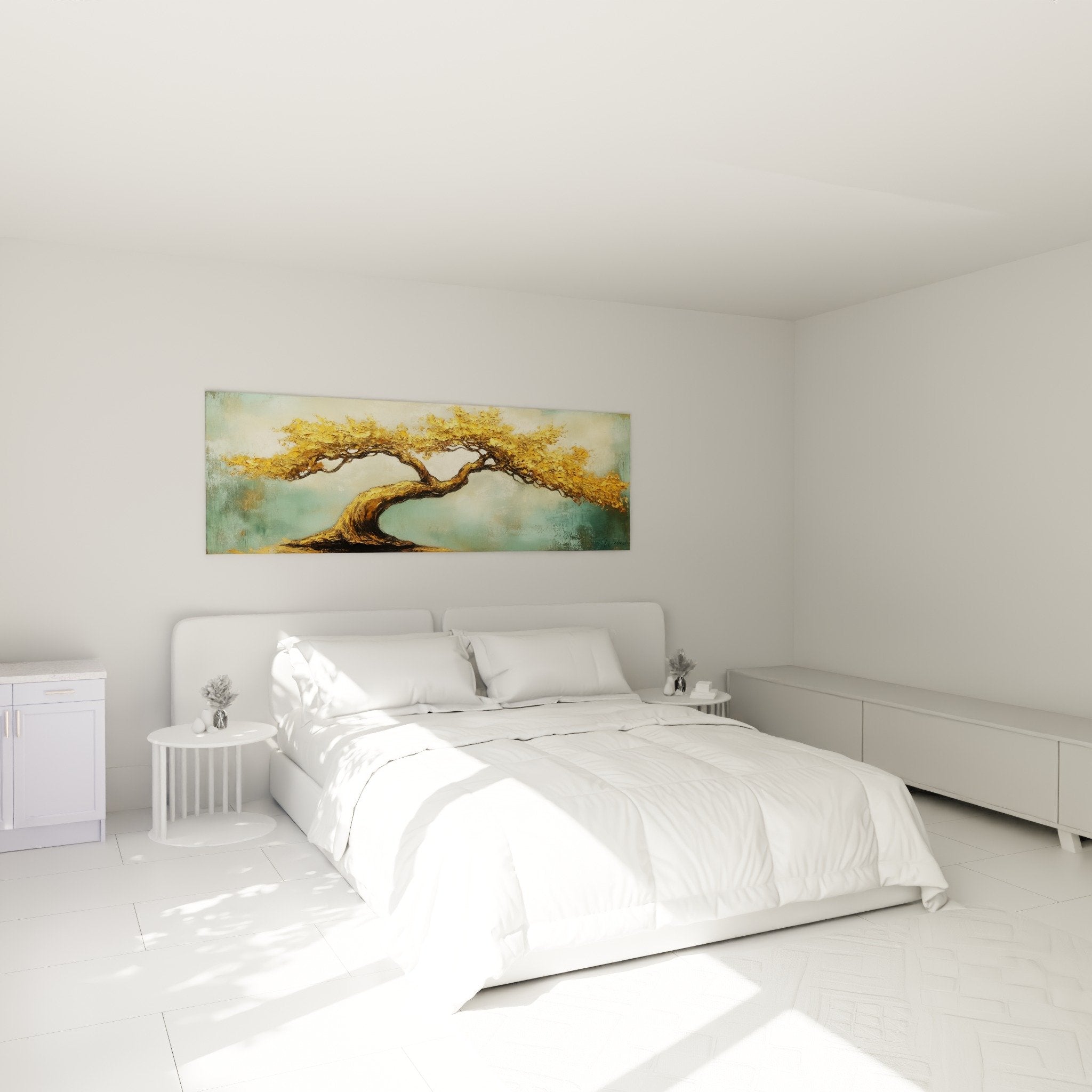 Tableau arbre doré turquoise au-dessus du lit dans chambre moderne, décoration zen et apaisante