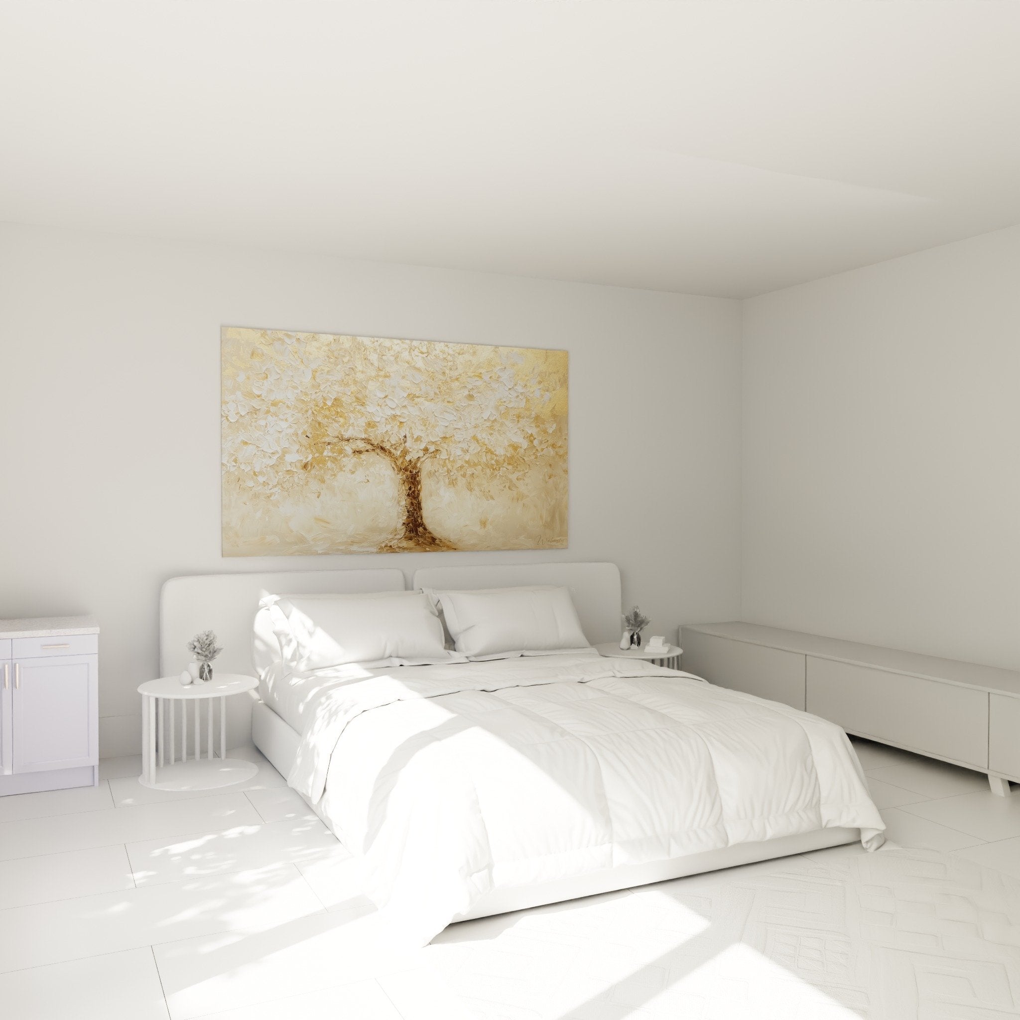 Golden and beige tree wall art in modern bedroom with neutral tones decor and light furniture