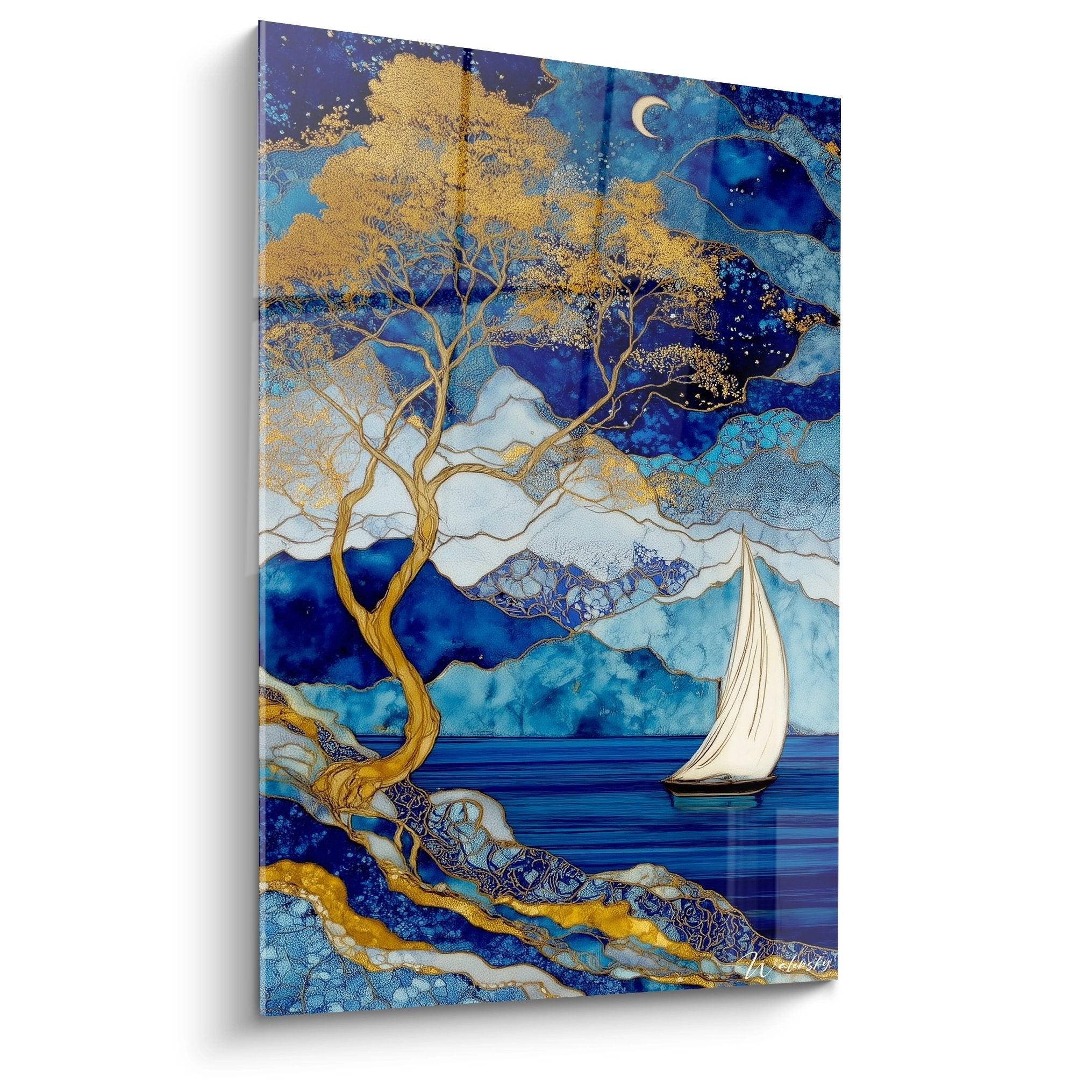 Tableau mural arbre doré au bord du lac avec voilier sous la lune, art abstrait bleu et or