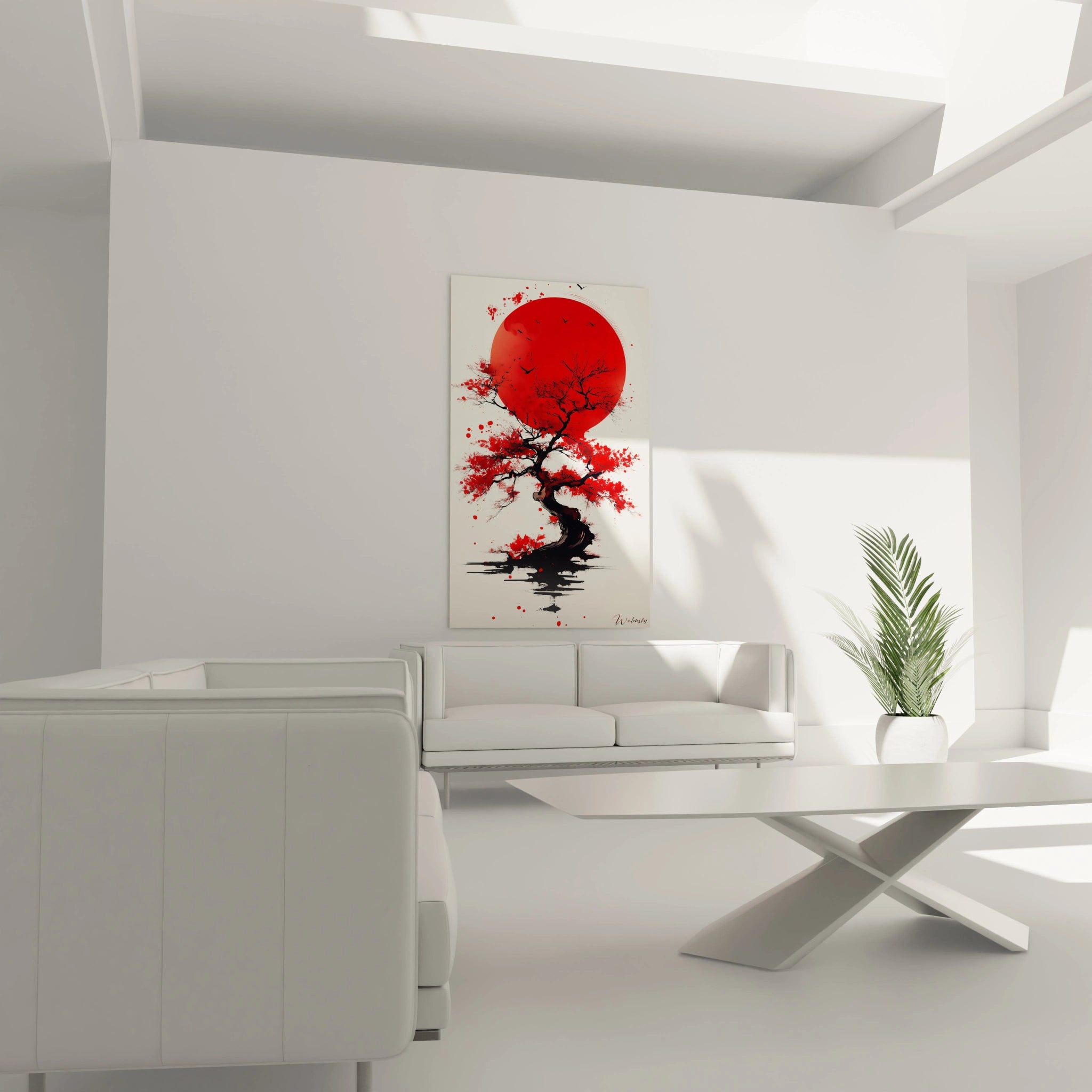 Un tableau japon traditionnel illustrant un érable momiji aux feuilles écarlates s'élevant vers un imposant soleil rouge, utilisant une technique d'encre éclaboussée sur fond beige clair, avec des oiseaux noirs en vol et des textures variées évoquant l'art sumi-e.