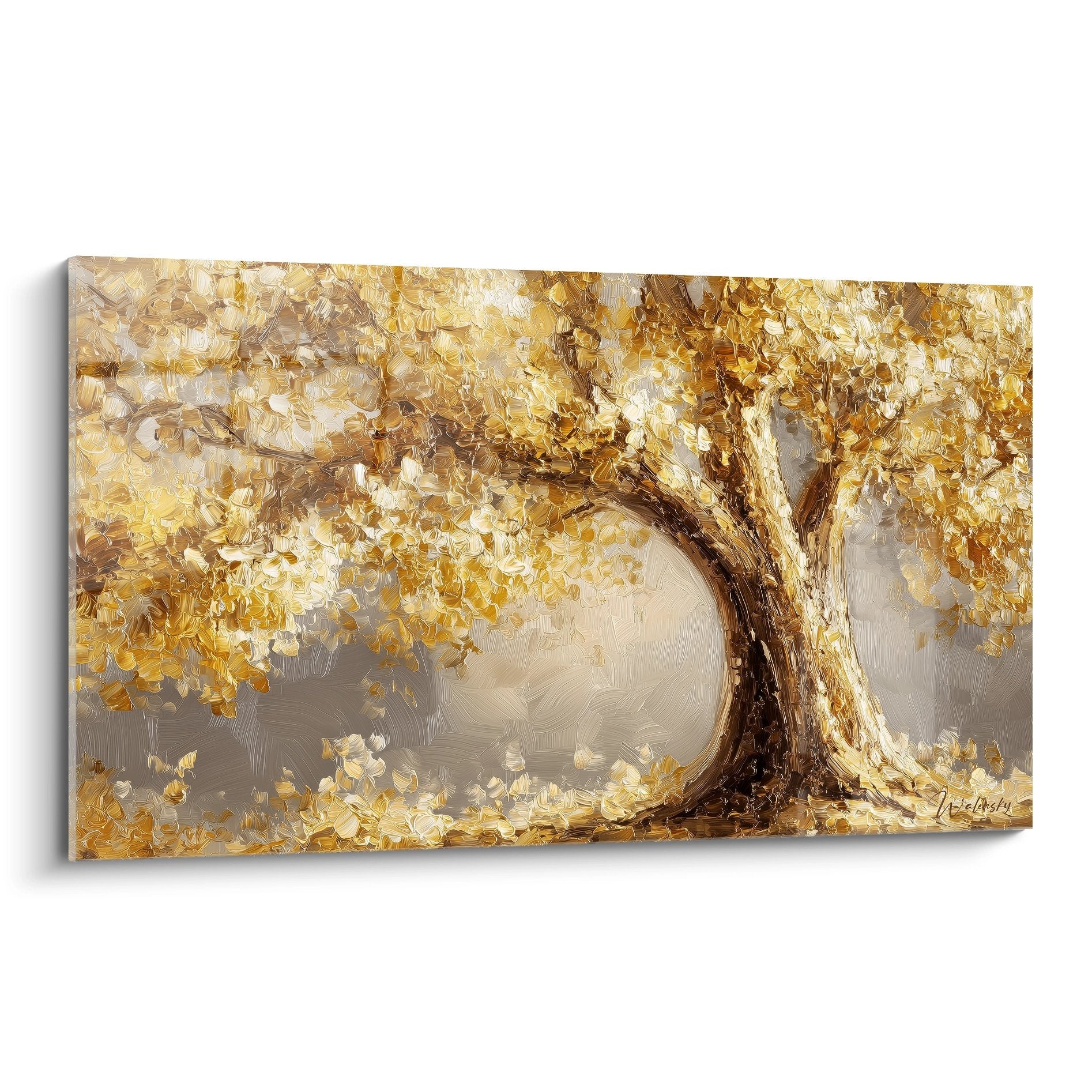 Tableau arbre aux feuillages dorés dans brume automnale, peinture à empâtements tons chauds