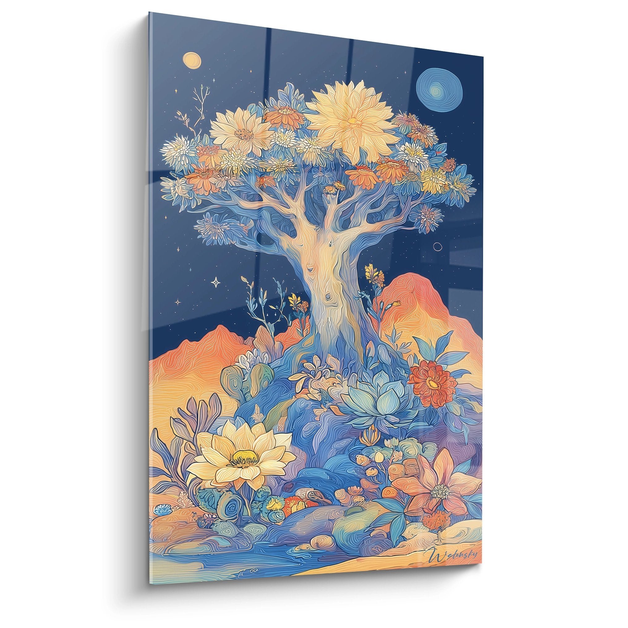 Tableau mural arbre fleuri nocturne aux couleurs dorées et bleues avec jardin fantastique sous ciel étoilé