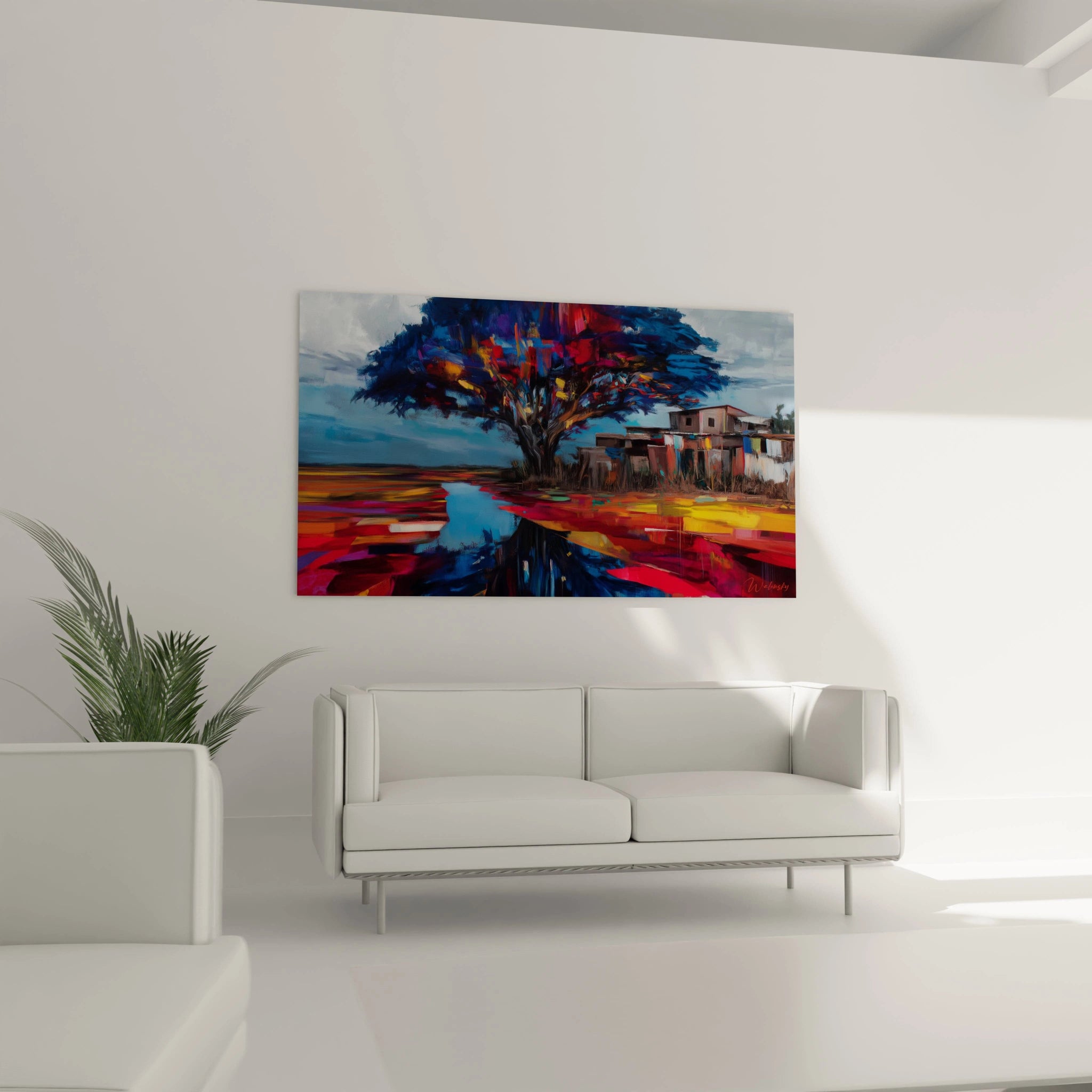 Tableau arbre africain moderne de Walensky avec des couleurs vives et un paysage serein