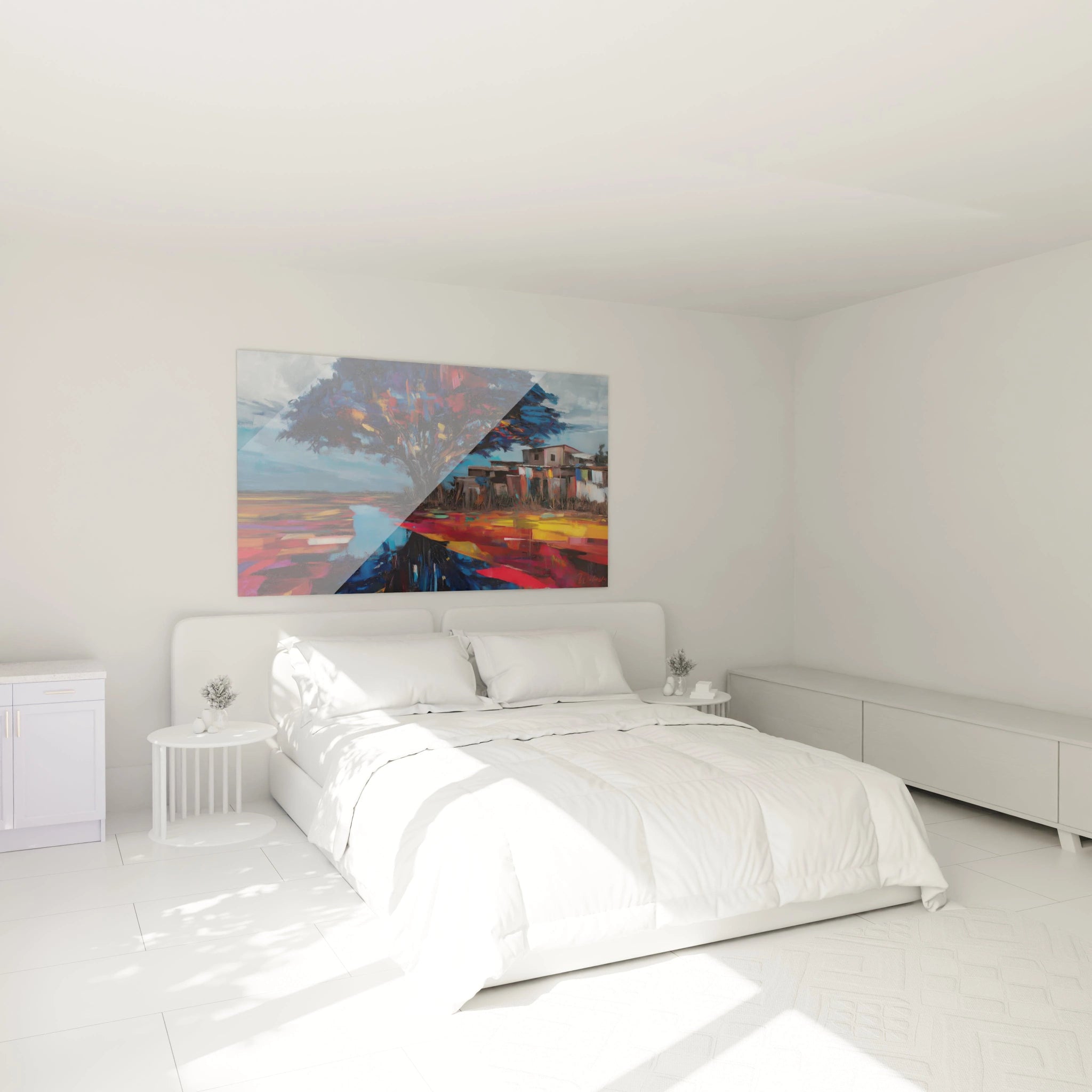 Tableau arbre africain moderne de Walensky, parfait pour décorer une chambre lumineuse et contemporaine.