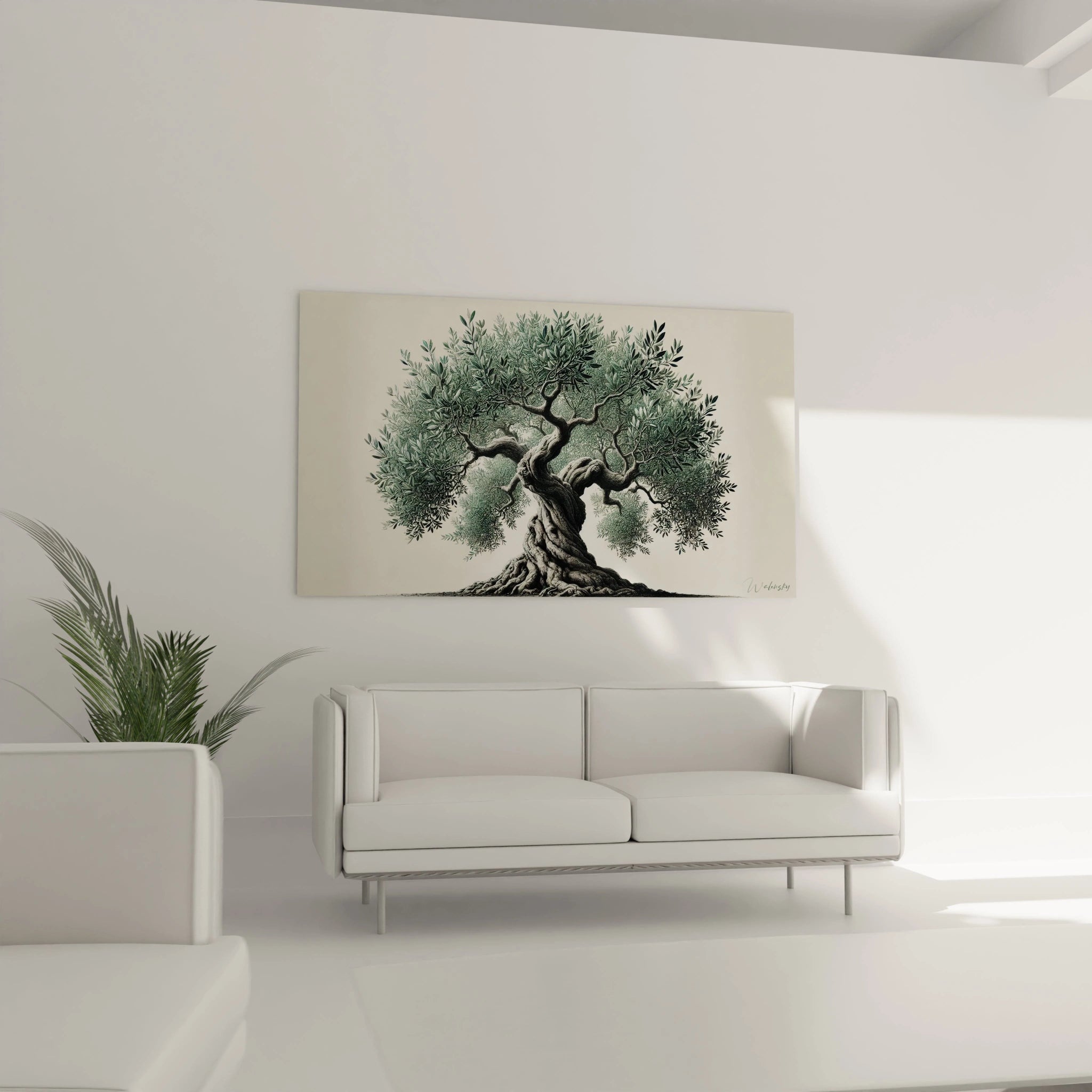 tableau Arbre place au dessus du canape dans un salon. Le realisme de l olivier symbolise la connexion terre ciel apportant une touche de nature et de serenite a votre interieur