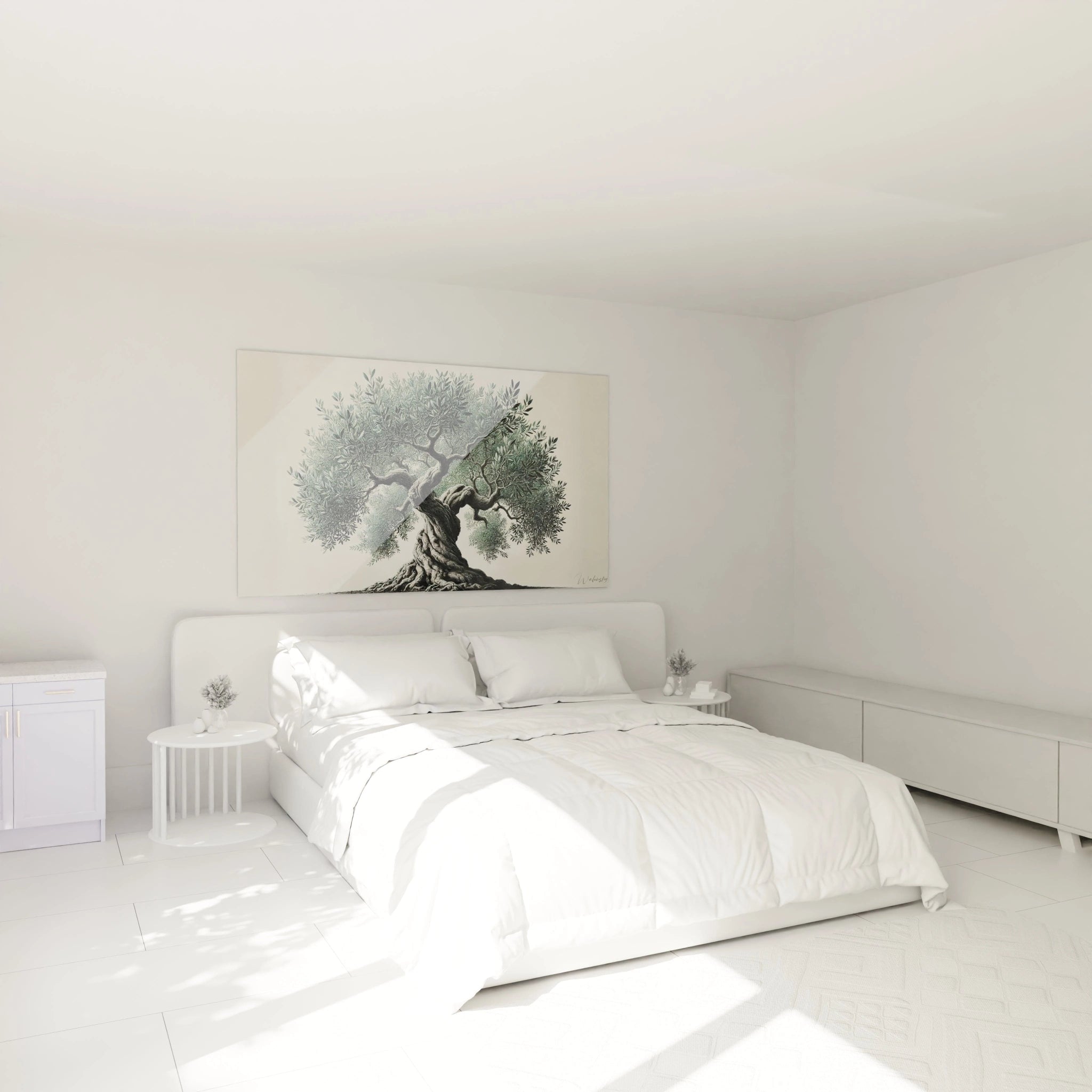 tableau Arbre accroche au dessus du lit dans une chambre apportant une ambiance apaisante et naturelle. L essence de l olivier inspire endurance et sagesse pour un decor harmonieux