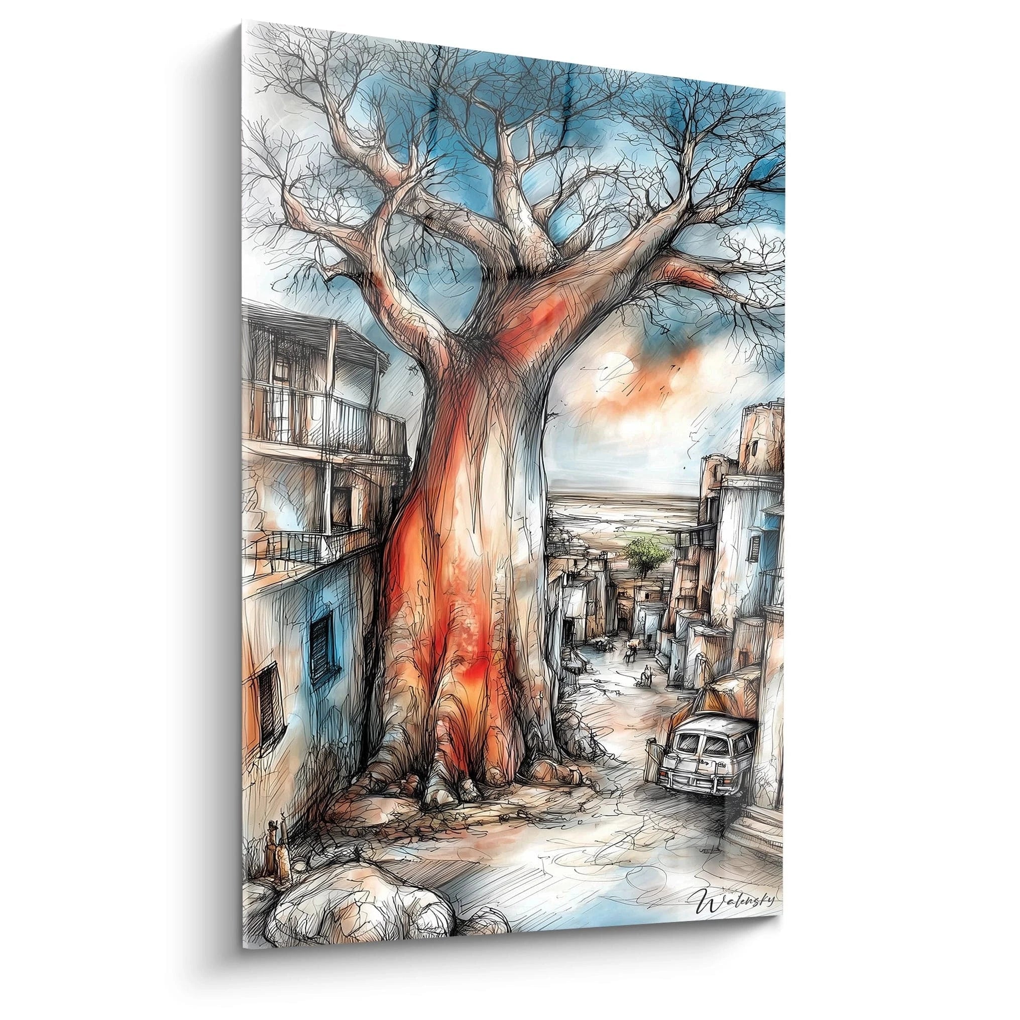 Tableau mural représentant un arbre généalogique africain stylisé avec un paysage urbain