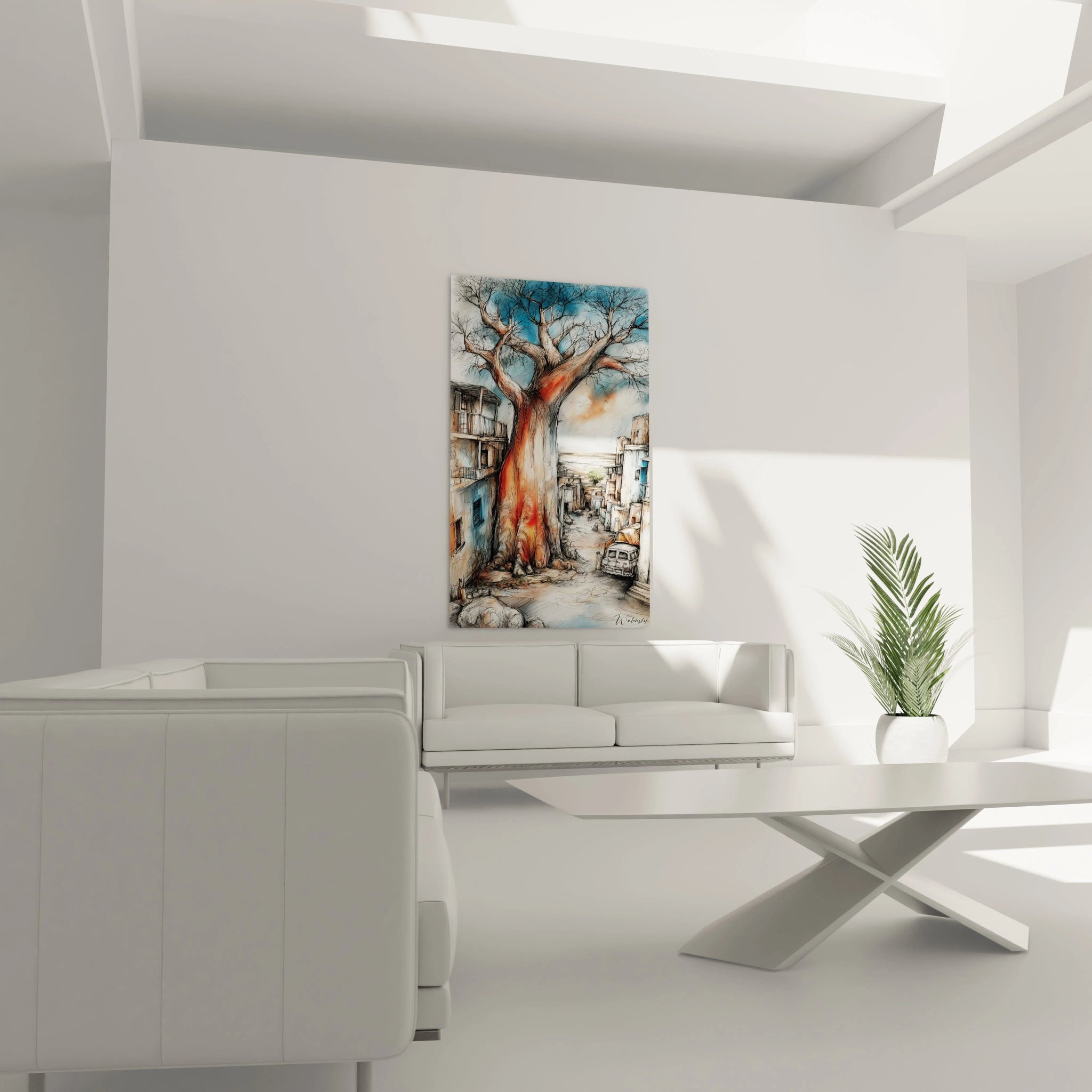 Tableau arbre généalogique africain suspendu dans un intérieur moderne avec canapé blanc et plante