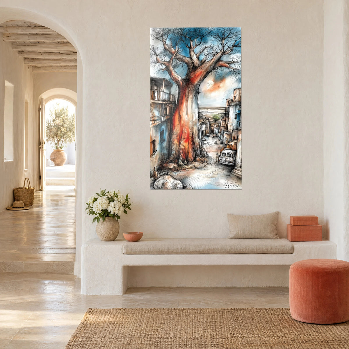 Gemälde majestätischer Baum mit kahlen Ästen, Gasse und ockerfarbene und blaue Fassaden, Dreiviertelansicht in einem mediterranen Haus