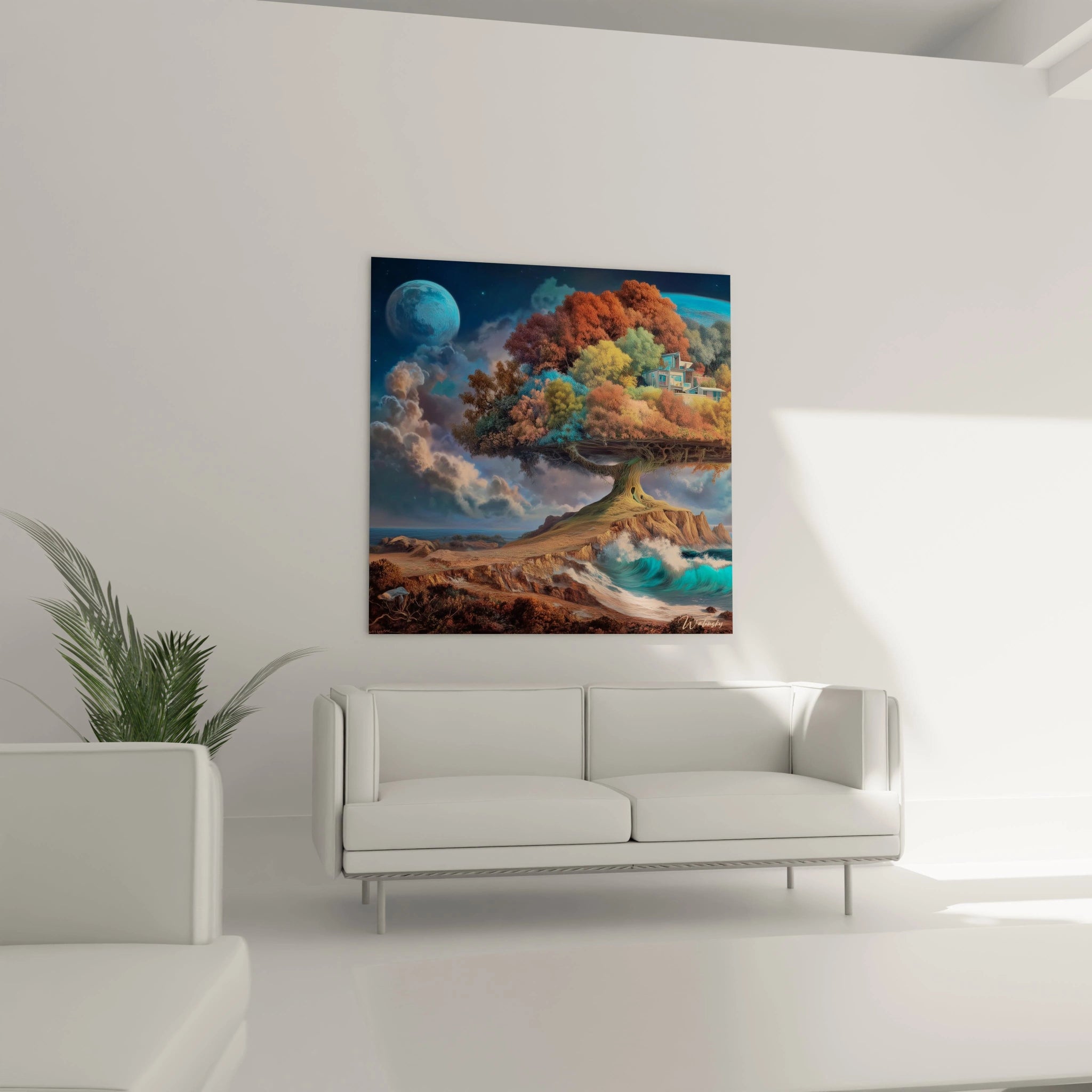 tableau arbre surréaliste Walensky accroché au dessus d un canapé blanc dans un salon minimaliste arbre coloré vagues et planète