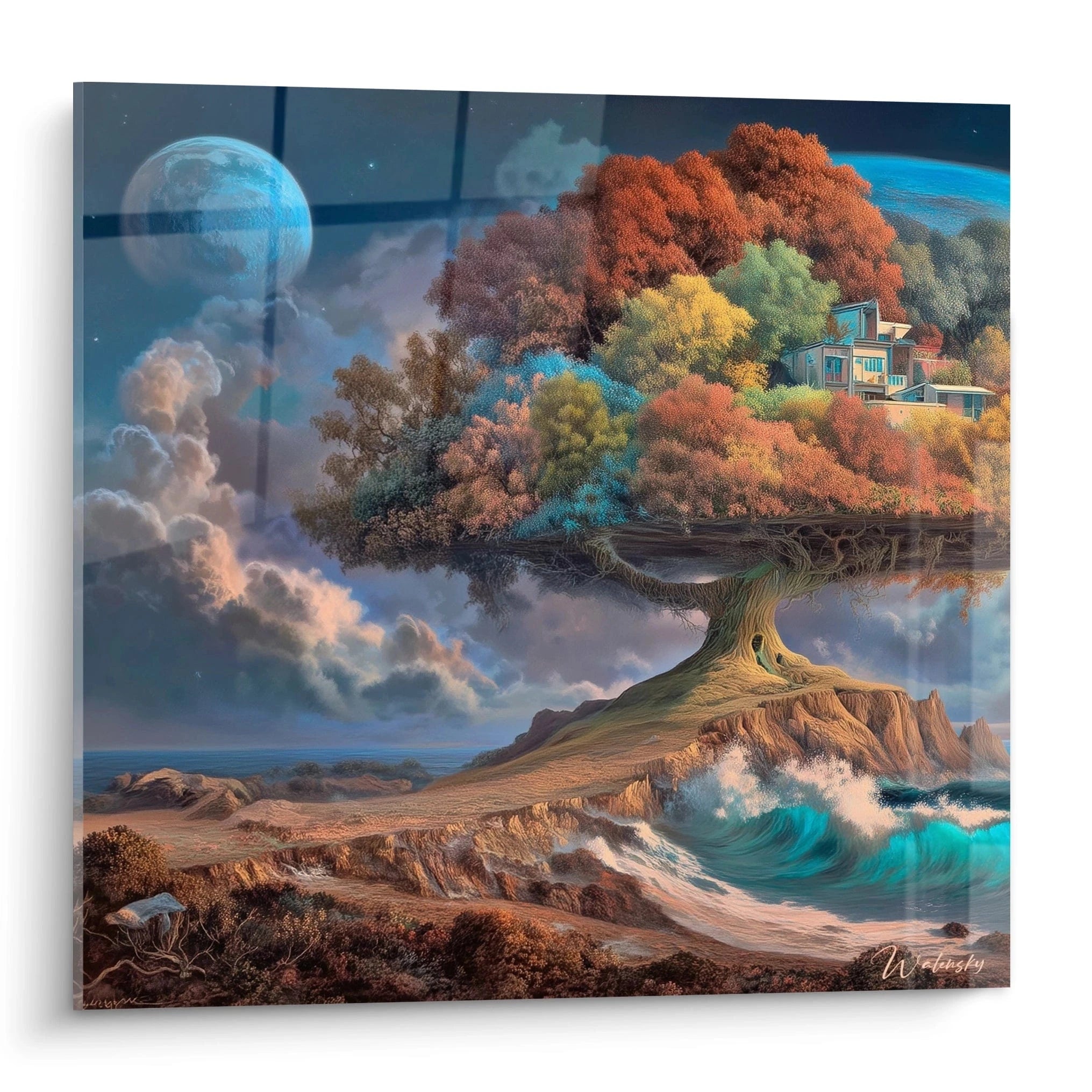 Walensky tableau arbre surréaliste mural montrant un arbre flottant aux feuilles colorées maison perchée vagues et lune