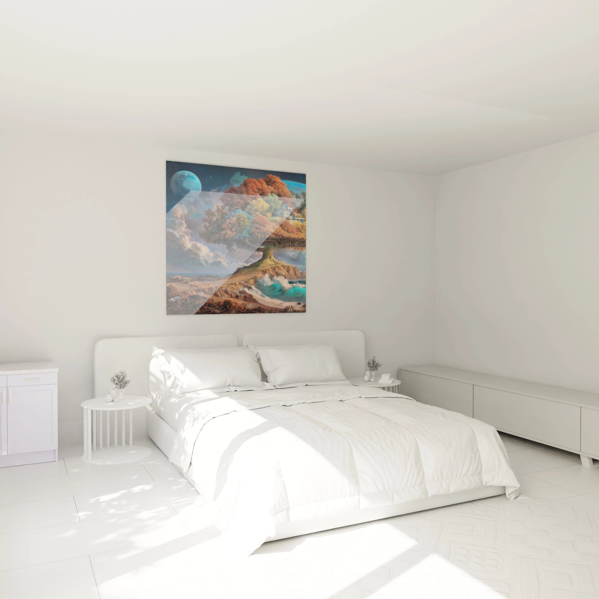 tableau arbre surréaliste Walensky mural au dessus d un lit blanc minimaliste paysage onirique coloré