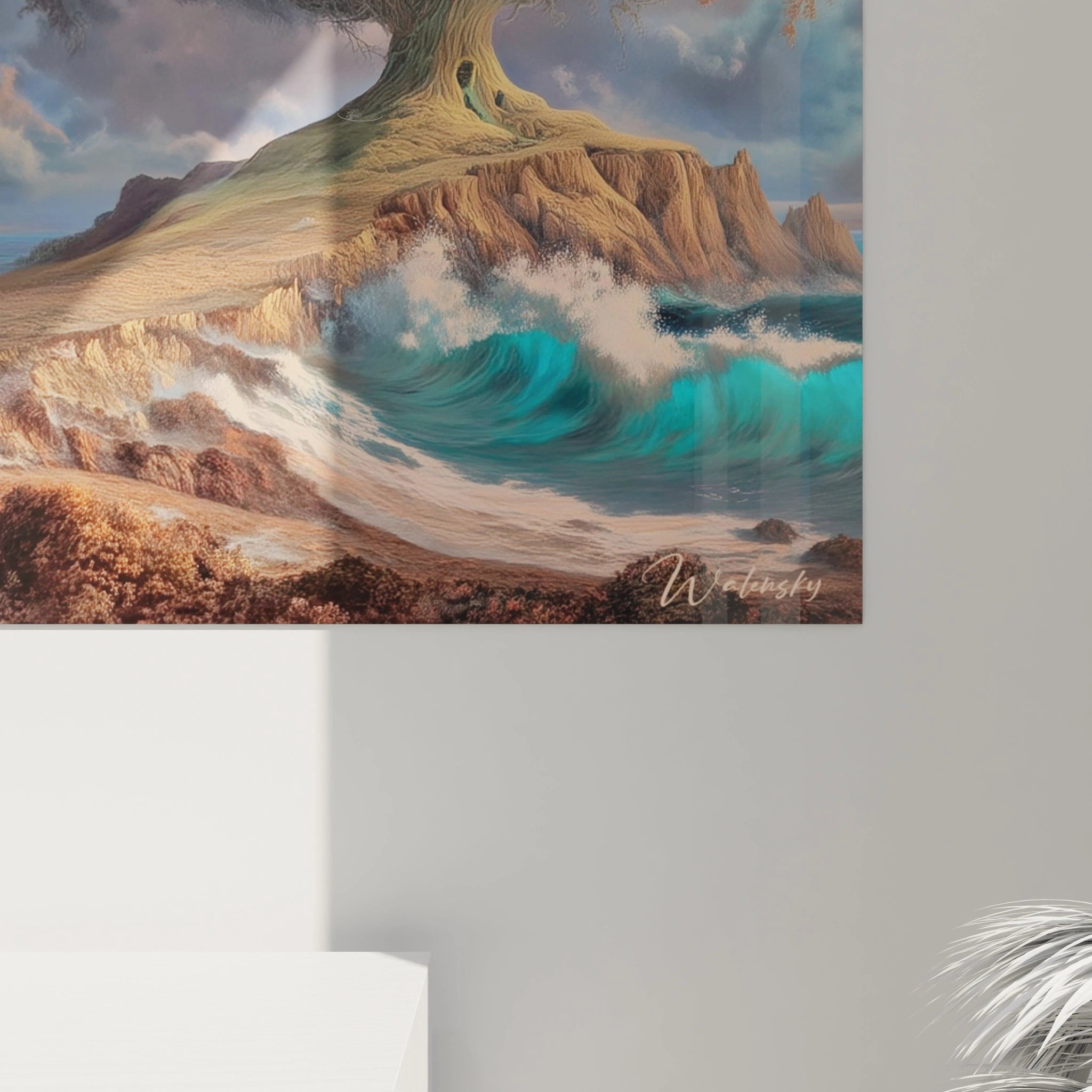 Walensky tableau arbre surréaliste mural représentant un grand arbre sur falaise avec vagues turquoise et côte rocheuse