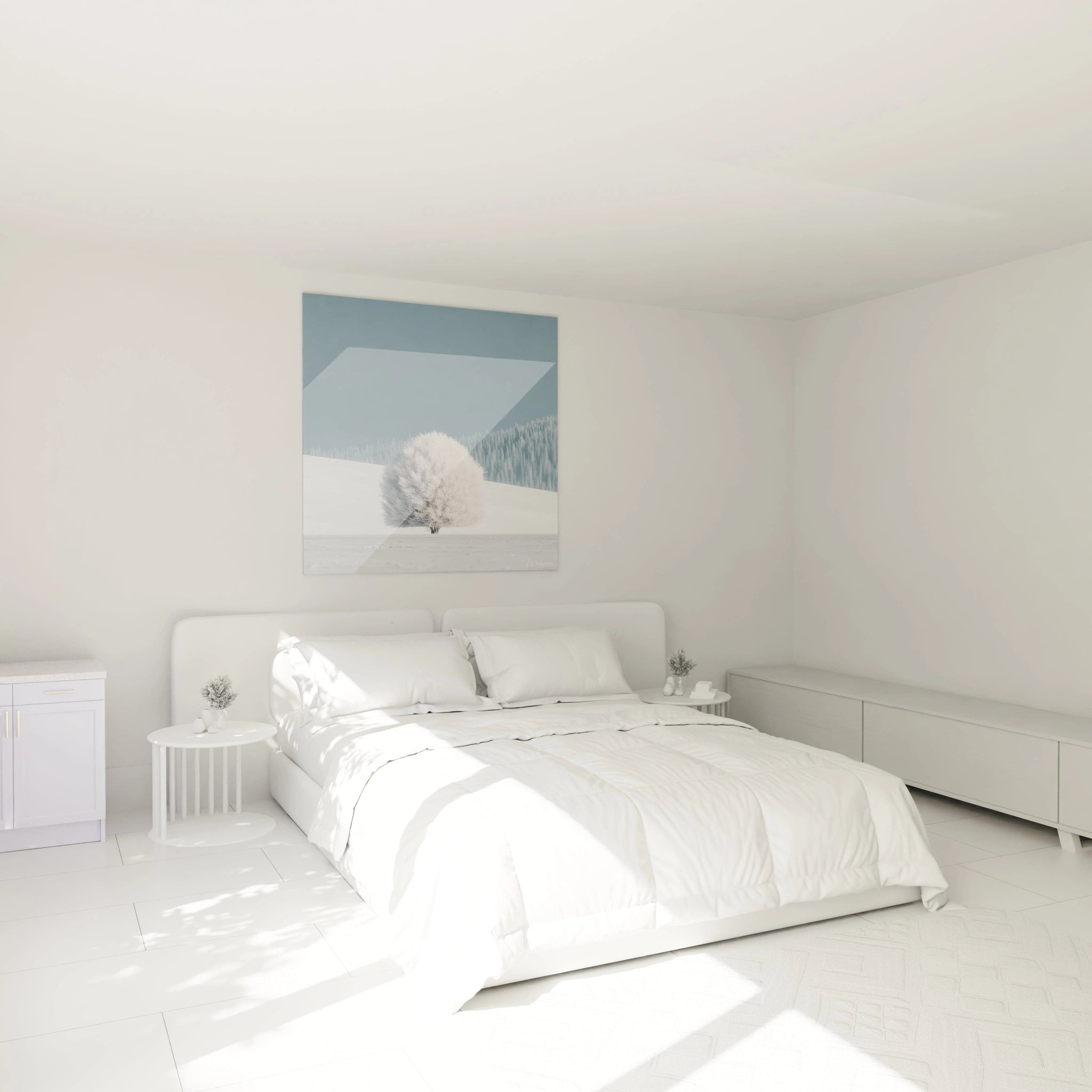 Tableau mural Walensky tableau arbre hivernal minimaliste accroché au dessus d un lit blanc dans une chambre lumineuse