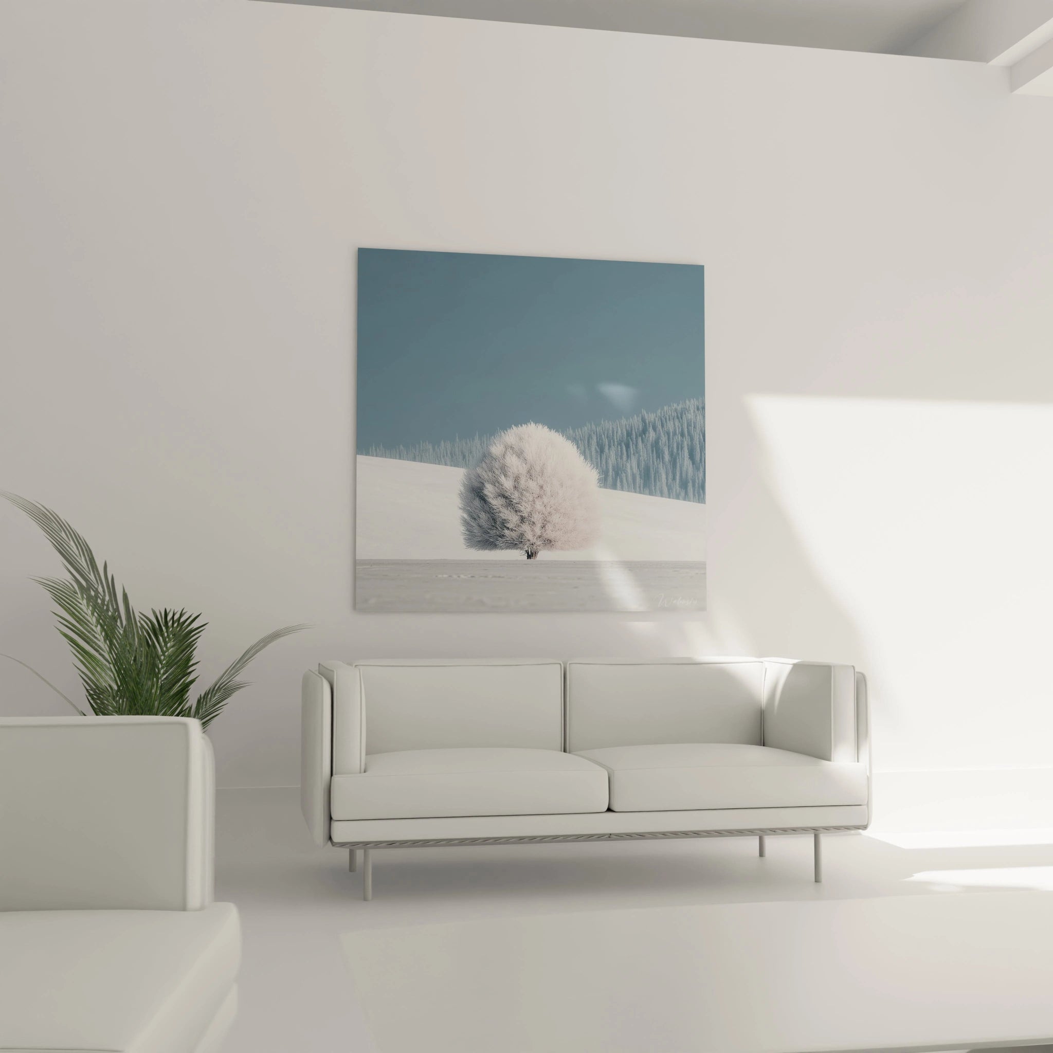 Tableau mural Walensky tableau arbre hivernal affiche un arbre enneigé solitaire sur fond bleu apaisant