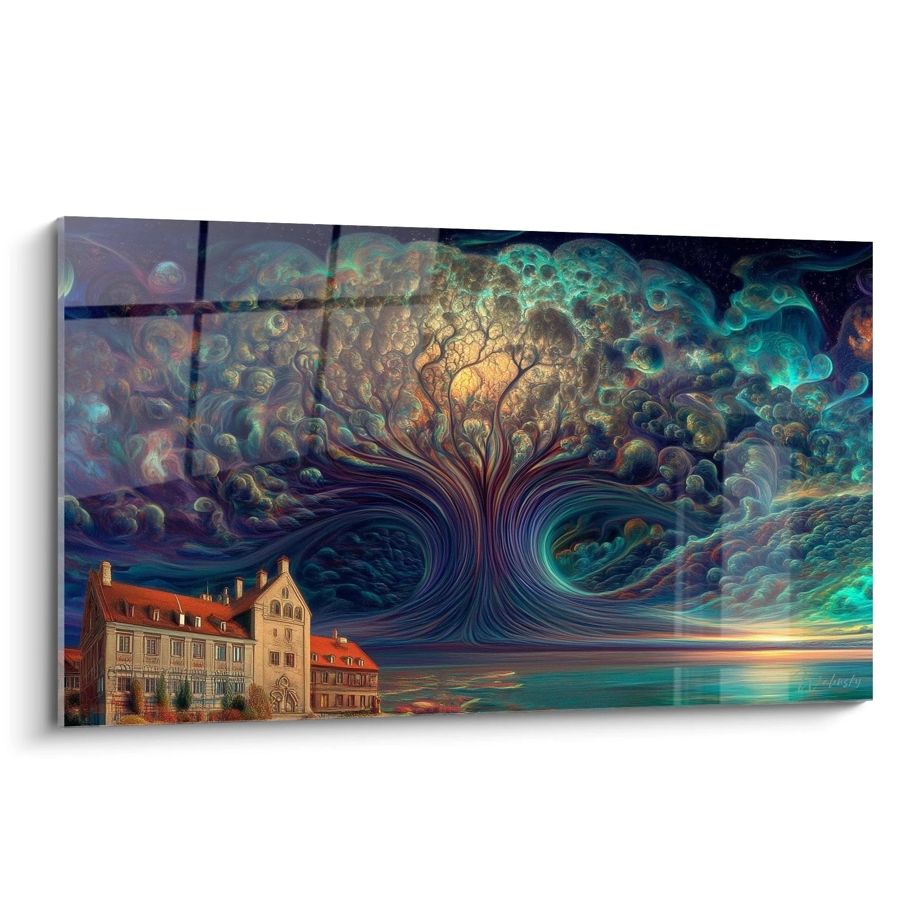 Walensky tableau arbre surréaliste mural panoramique avec maison en bord de mer et arbre lumineux