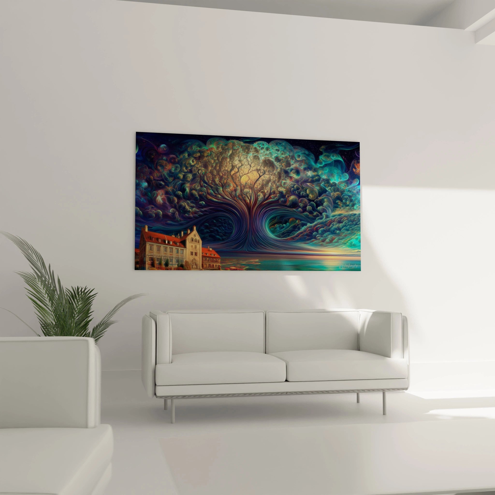 tableau arbre surréaliste Walensky grand format mural avec arbre cosmique coloré au dessus d un village cotier