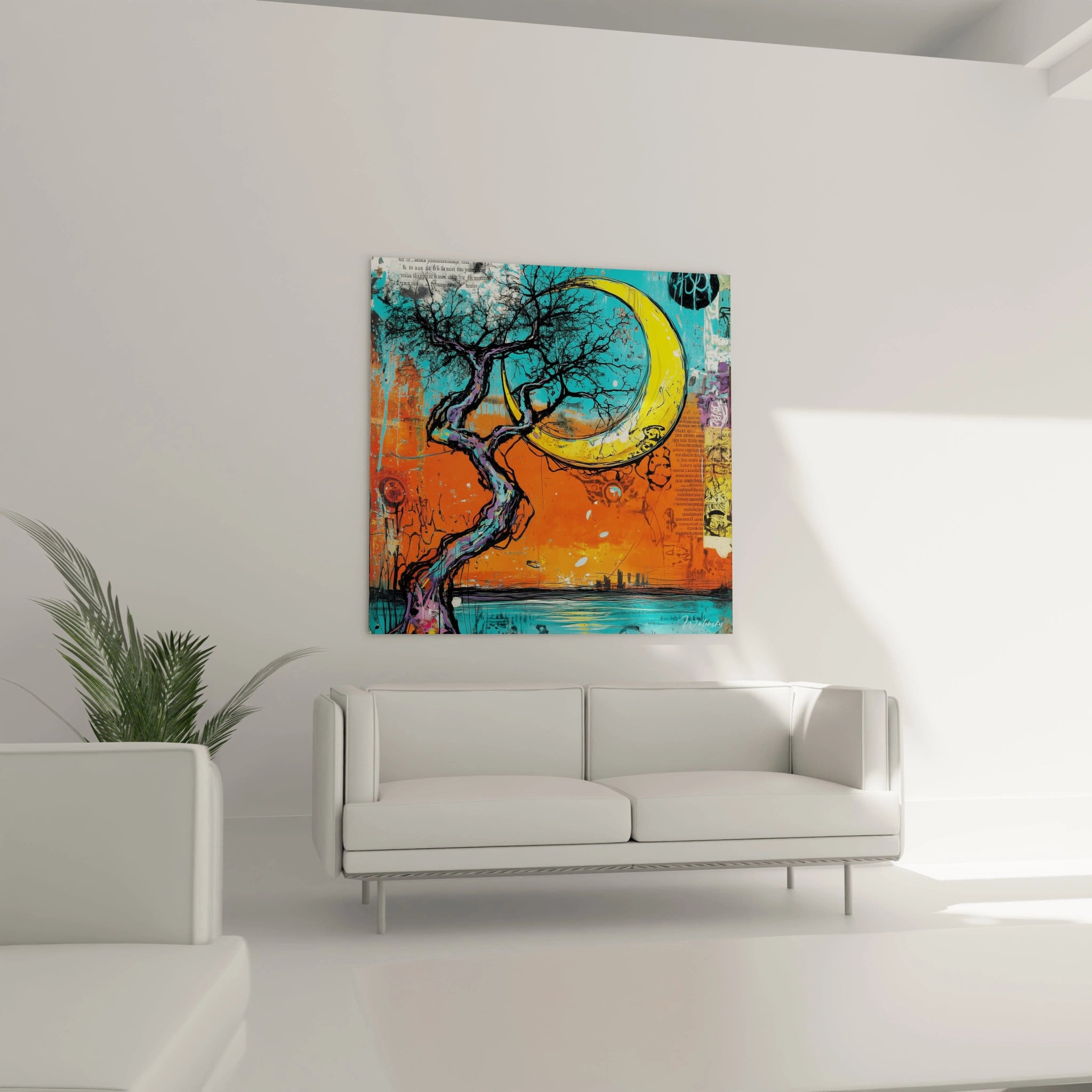Tableau mural arbre racines de la sagesse, décoratif avec une lune et un coucher de soleil vibrant.