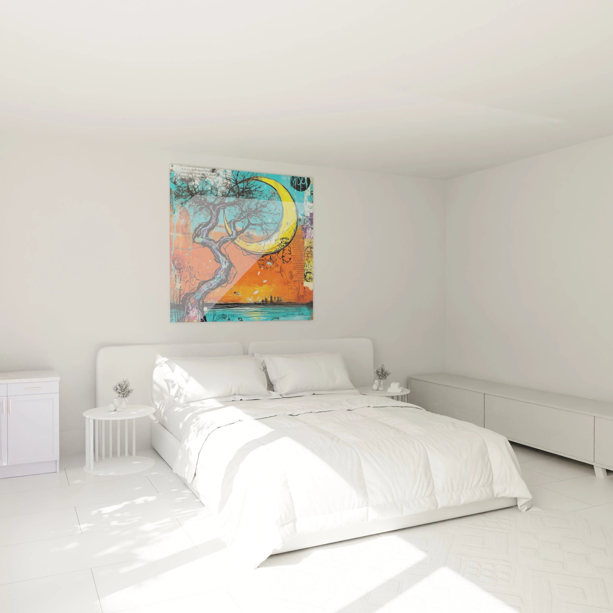 Tableau mural arbre racines de la sagesse sur un mur dans une chambre lumineuse et moderne
