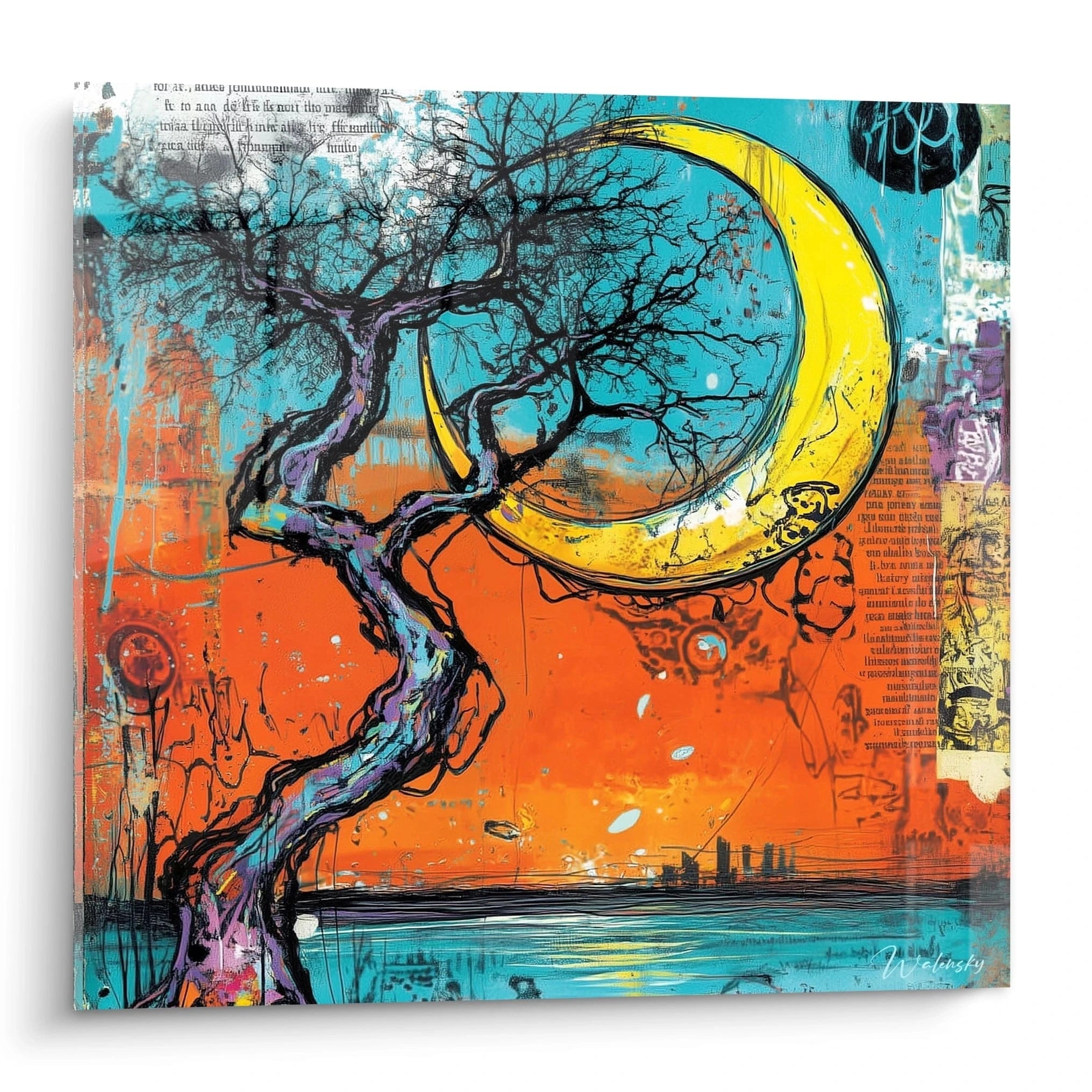 Tableau arbre racines de la sagesse avec une lune colorée et des nuances vibrantes de bleu et orange