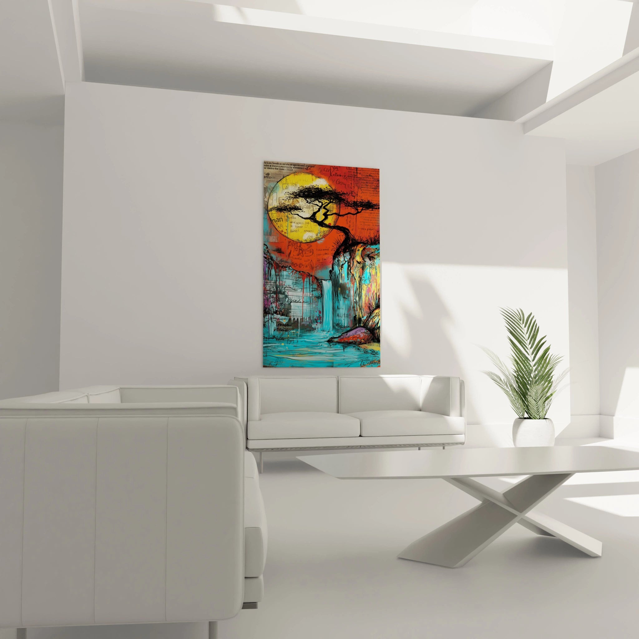 Tableau arbre africain mural coloré avec un lever de soleil vibrant dans un intérieur moderne