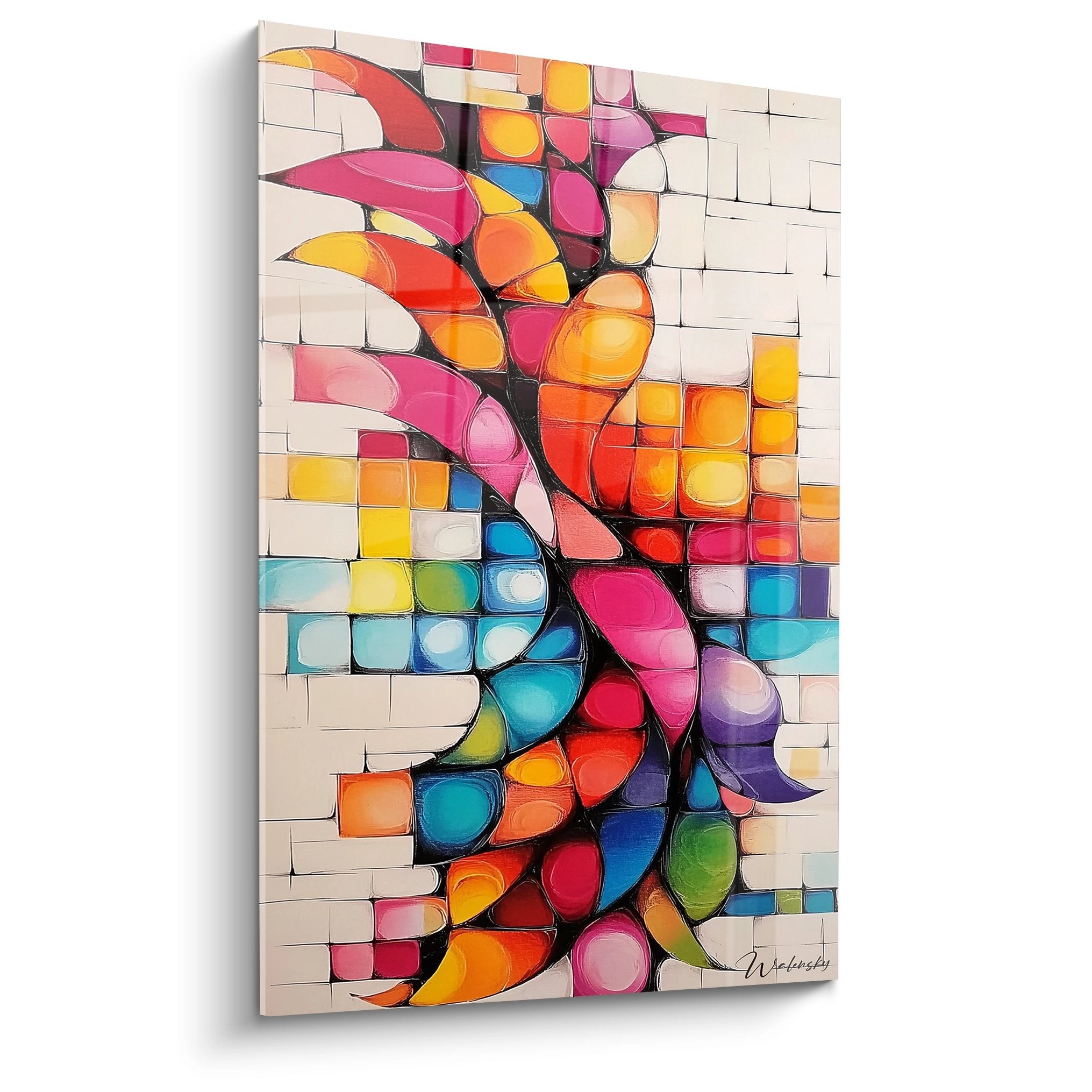 Tableau mural arbre stylisé multicolore sur fond mosaïque - art contemporain abstrait décoratif