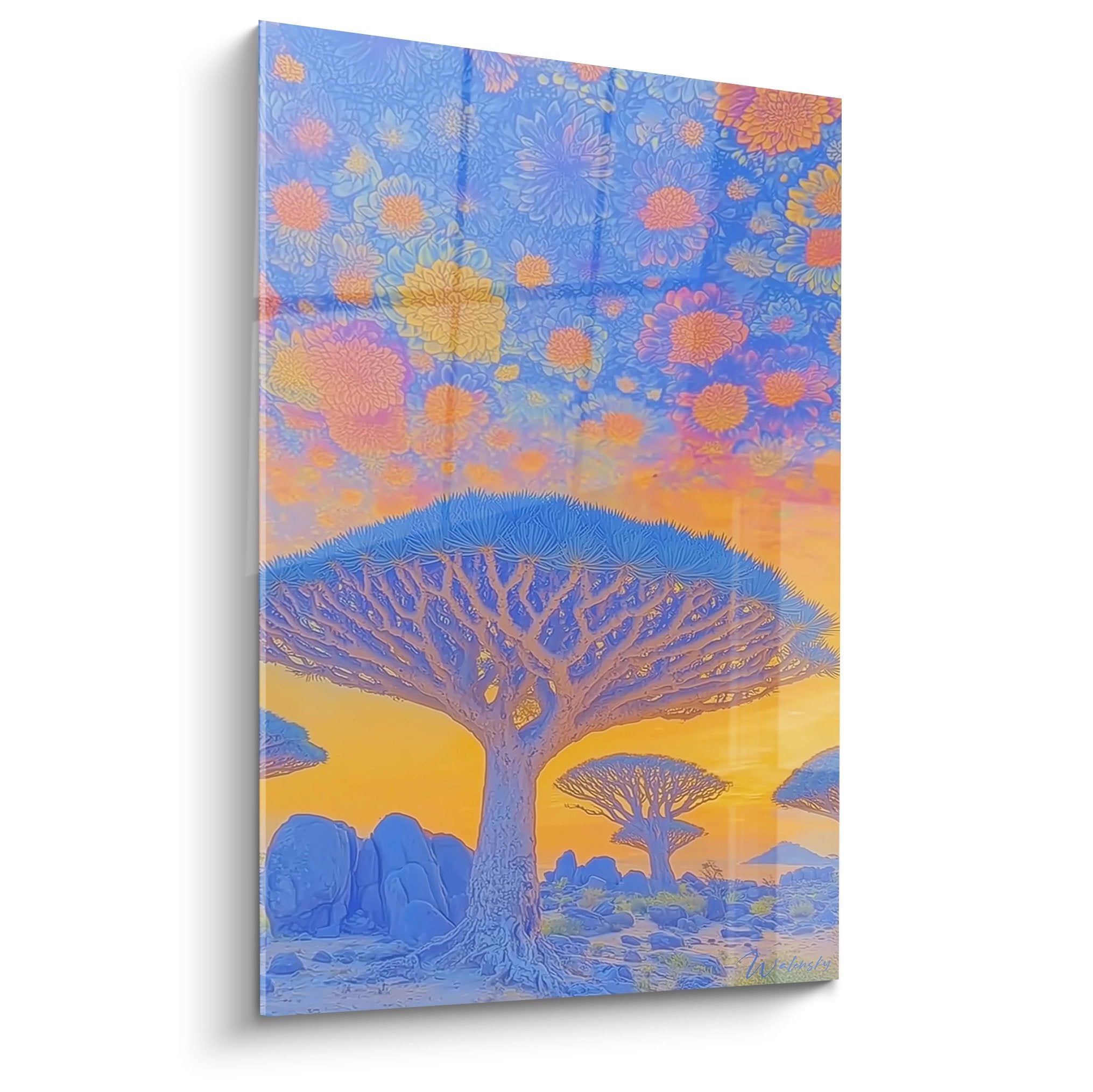 Tableau mural arbre tropical avec éléphants dans paysage savane fantasy aux couleurs bleu orange