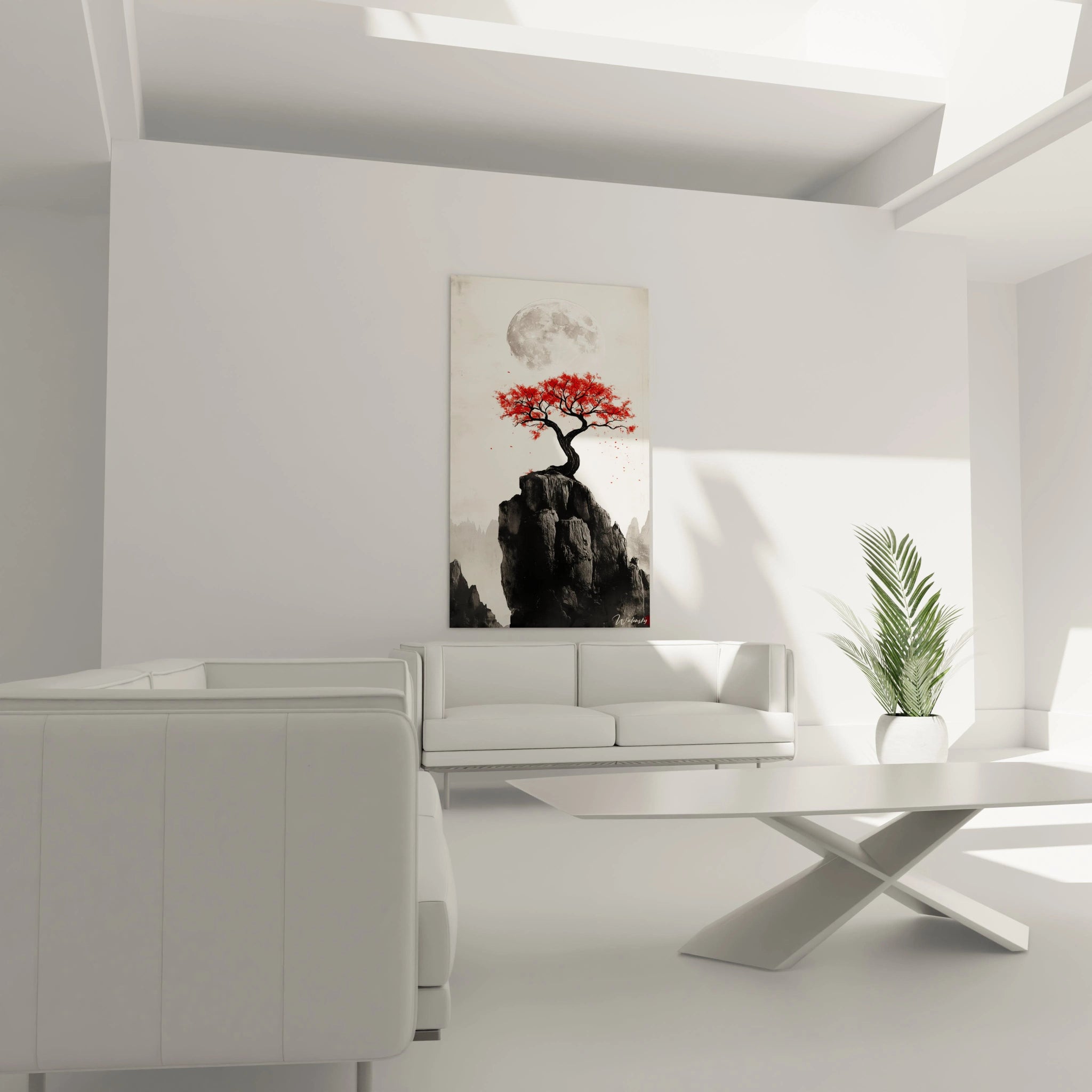 Tableau zen mural Walensky avec arbre rouge sur une montagne noire dans un salon blanc moderne