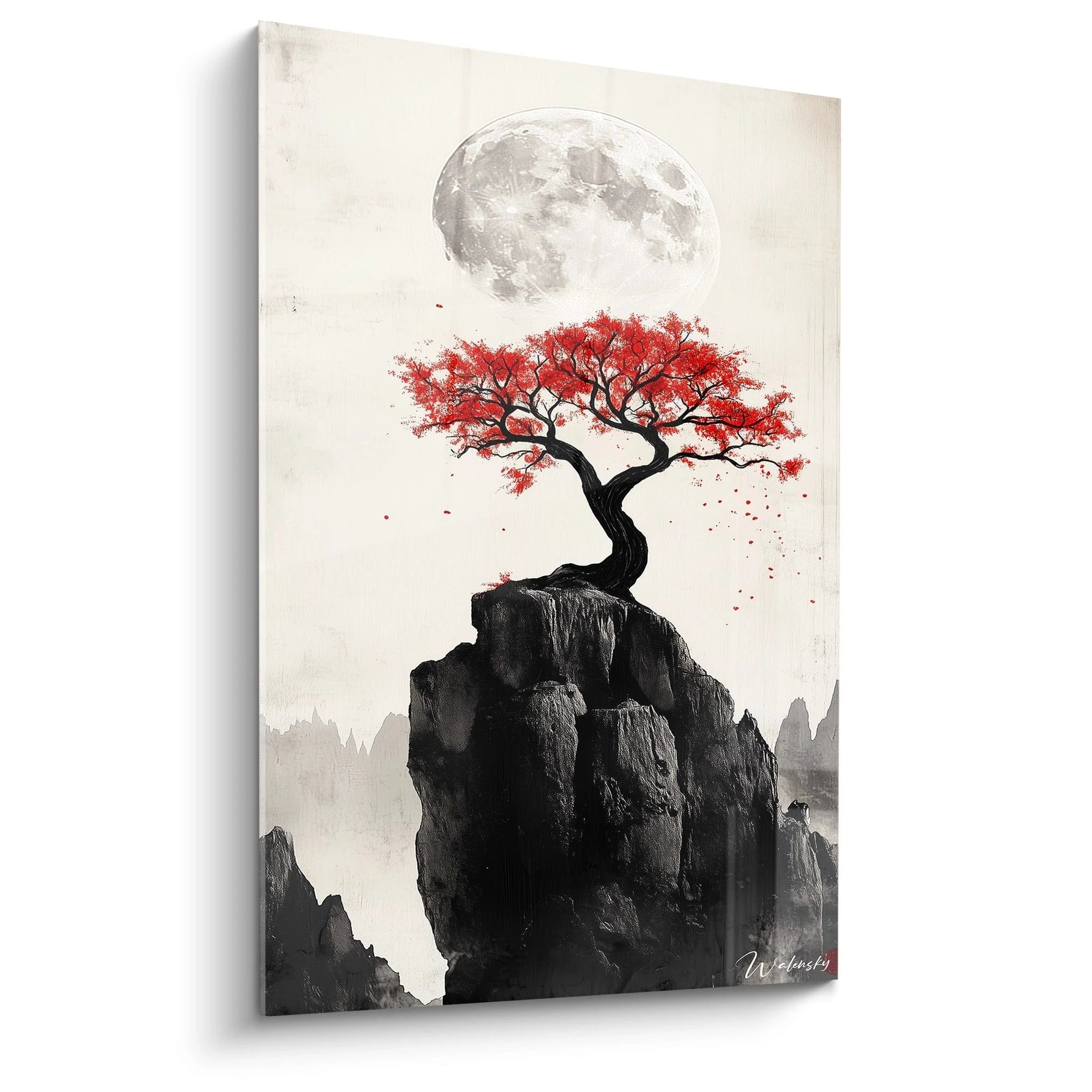 Tableau zen mural Walensky avec arbre rouge sur rocher noir sous une grande lune pleine