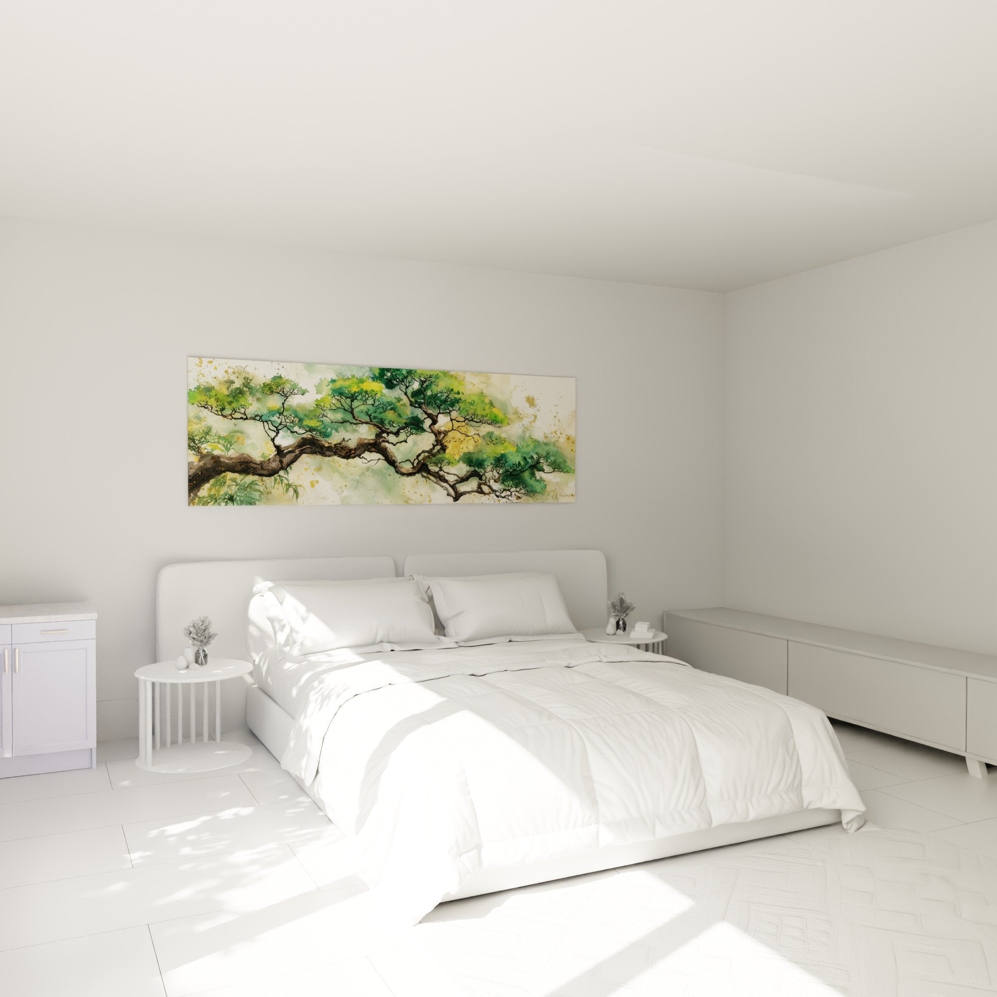 green golden tree wall art in bedroom feng shui wood decor soothing atmosphere
