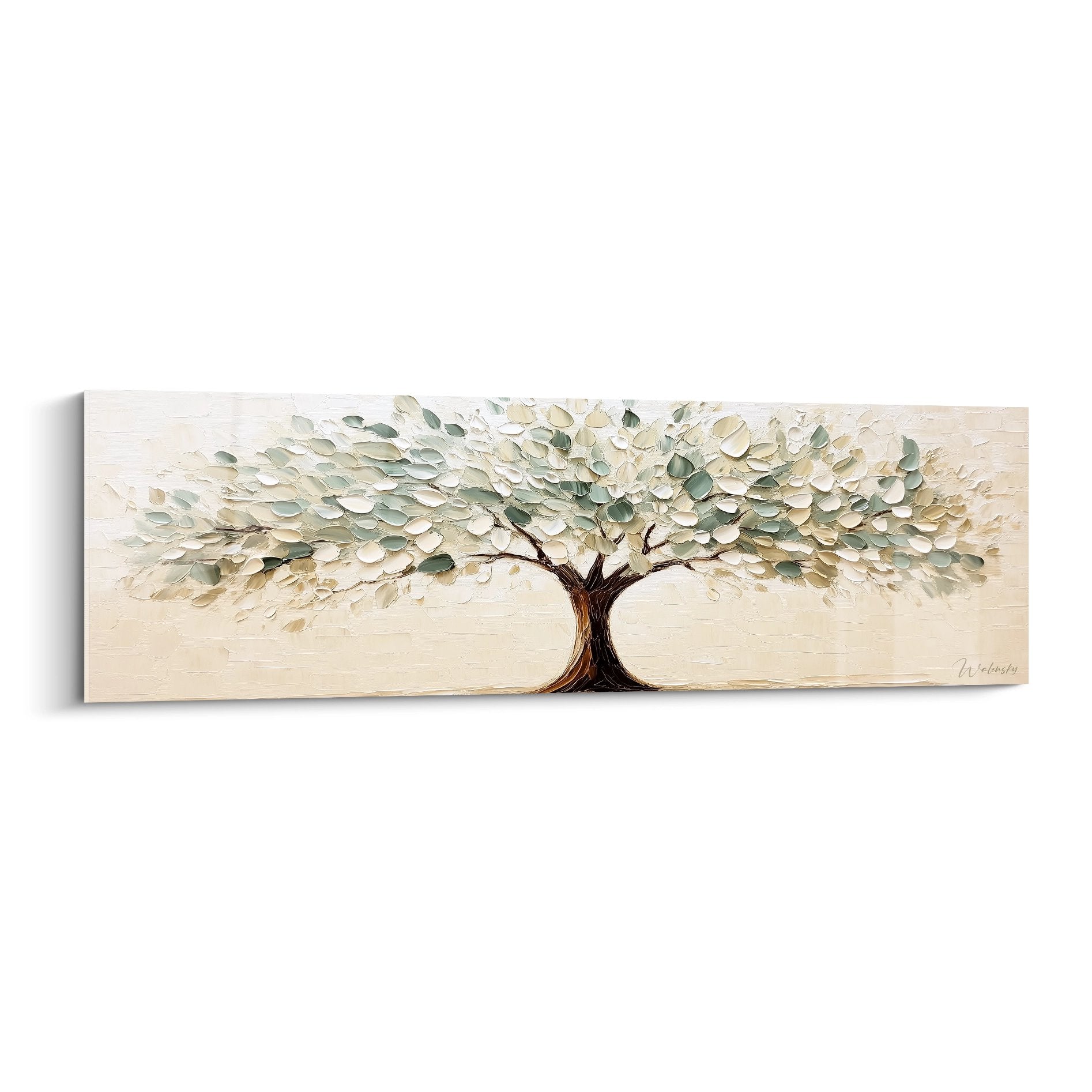 Tableau arbre de vie aux feuilles texturees beiges et vertes sur fond creme style nature apaisante