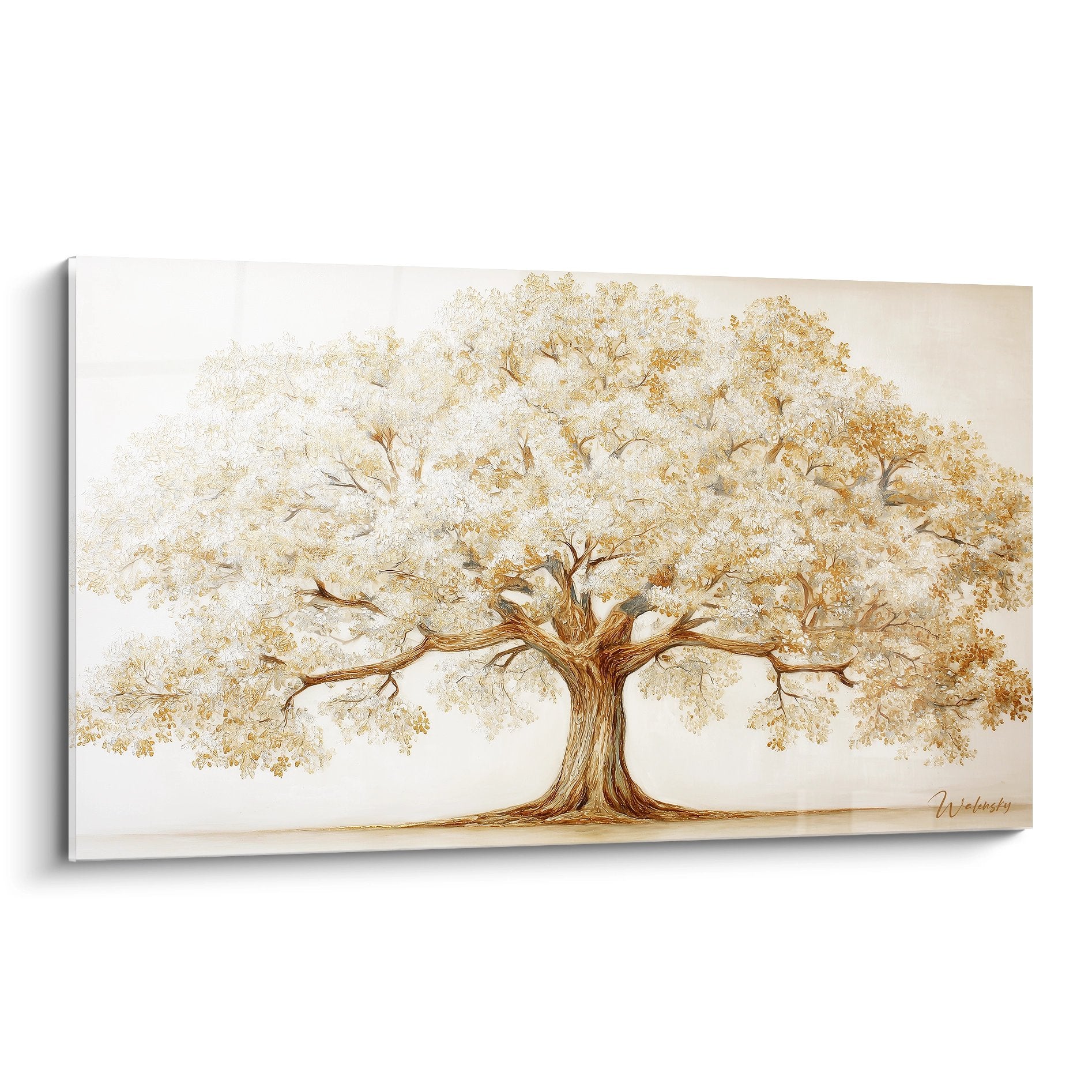 Tableau arbre de vie aux tons dorés et beiges sur fond crème avec branches étendues et feuillage délicat