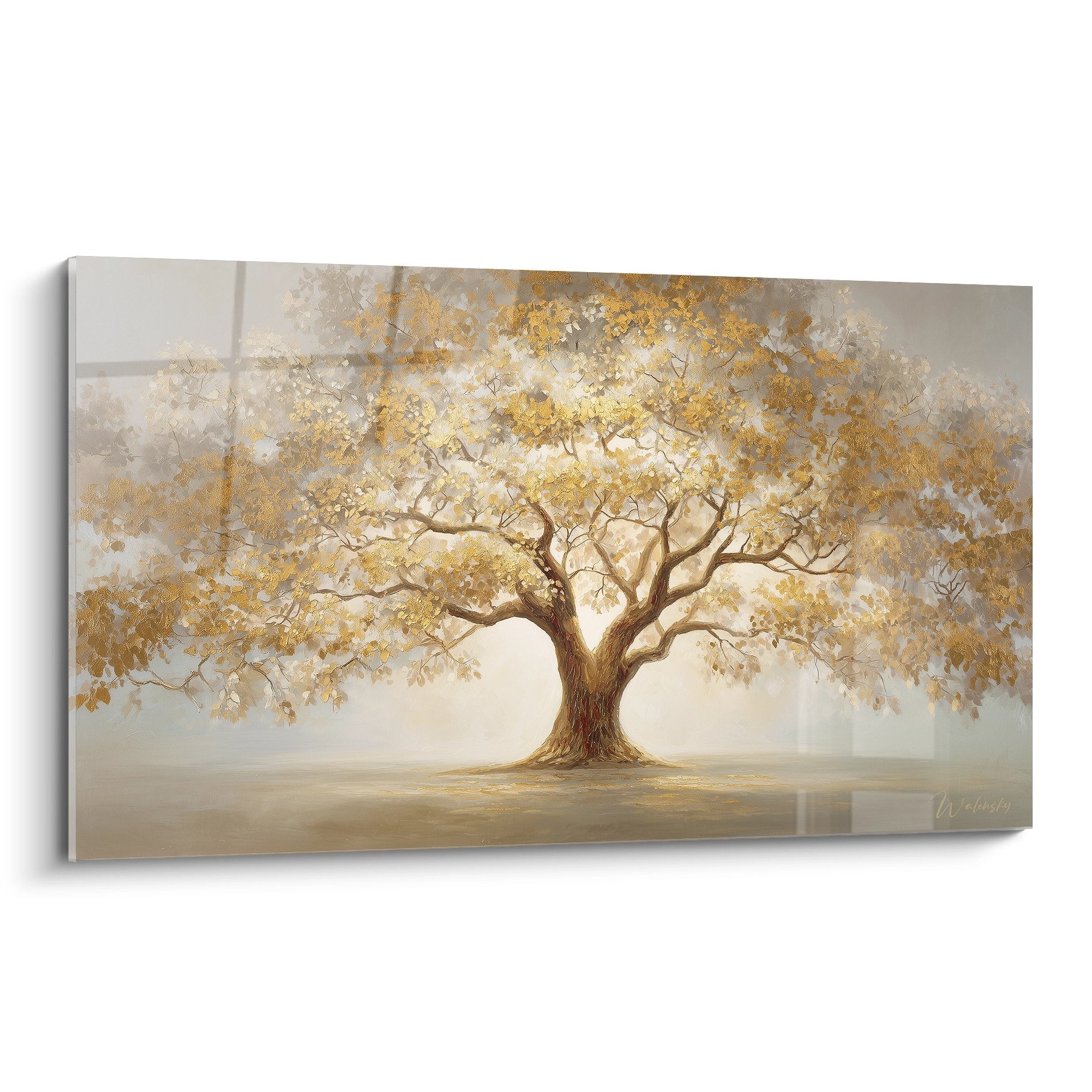 Tableau arbre de vie doré aux tons beiges et dorés sur fond lumineux avec brume mystérieuse