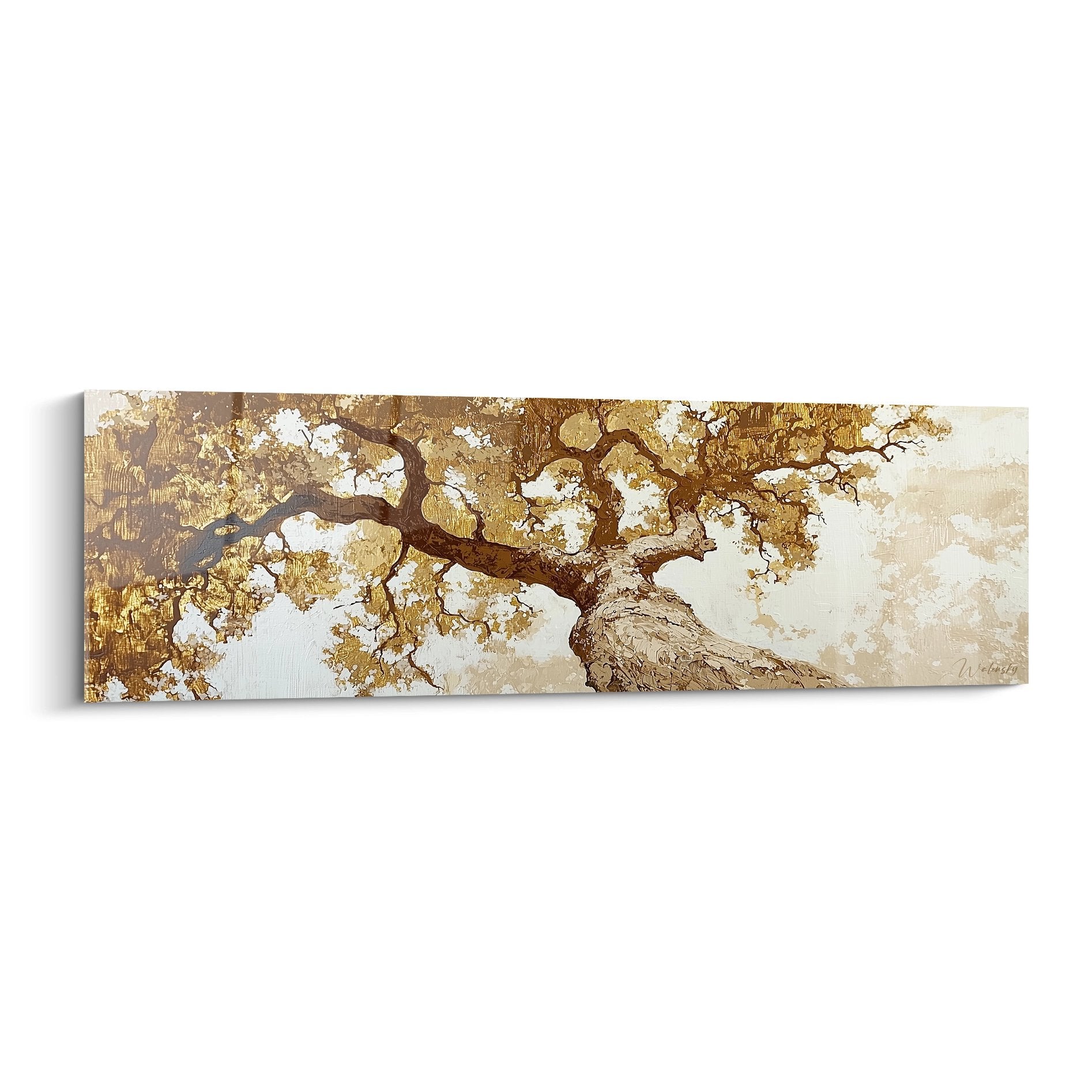 Tableau arbre de vie doré aux branches étendues sur fond beige panoramique decoration murale zen